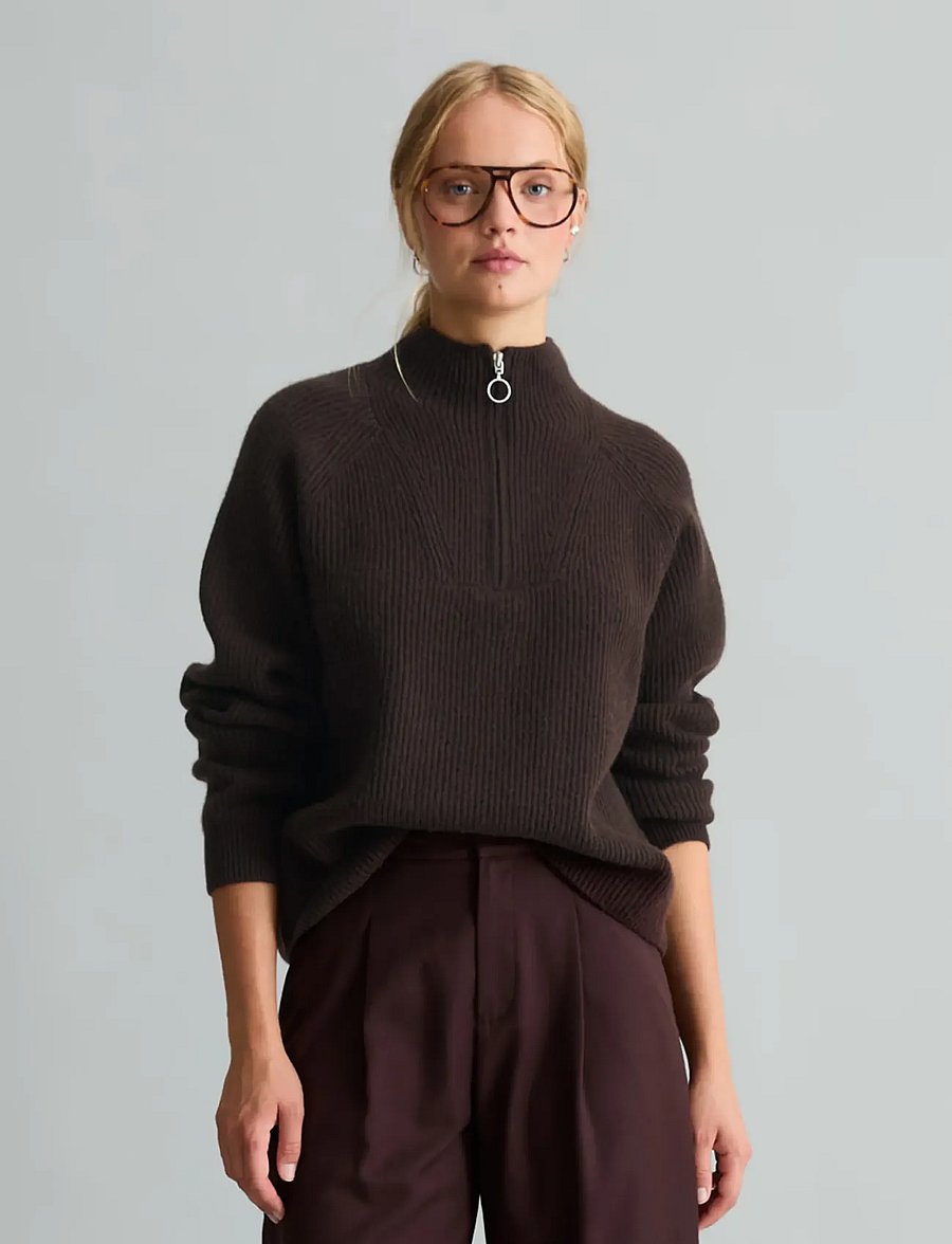 Marc O'Polo - Knit pullover, Longsleeve, Troyer,Zipper - stickade tröjor - espresso brown - 0