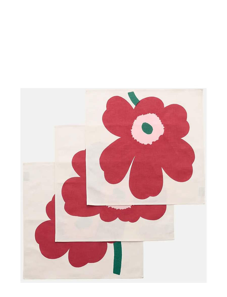 Marimekko Home - UNIKKO FABRIC NAPKIN SET 3PCS - lininės ir medvilninės servetėlės - off white, cranberry, rose - 0