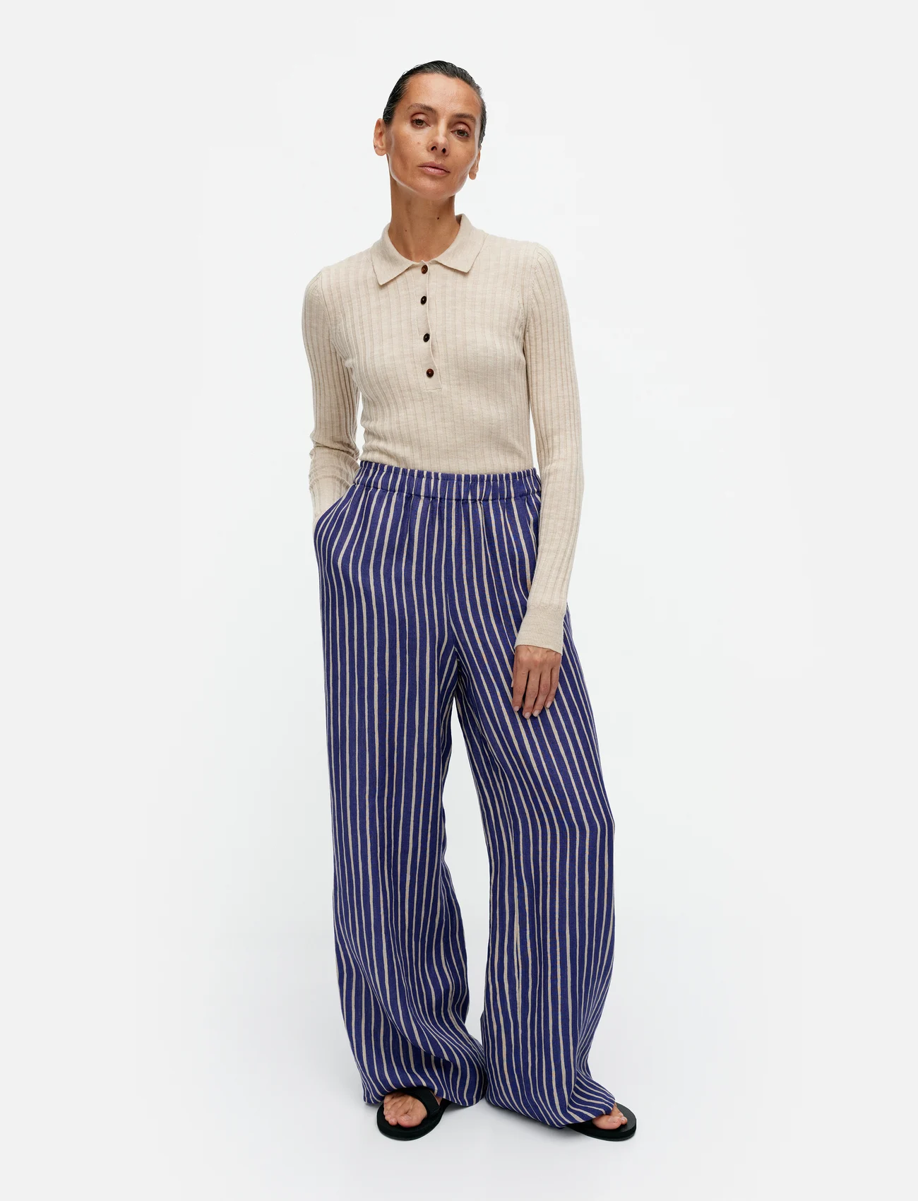 Marimekko - MERIVIRTA PICCOLO - wide leg trousers - blue, off-white - 0