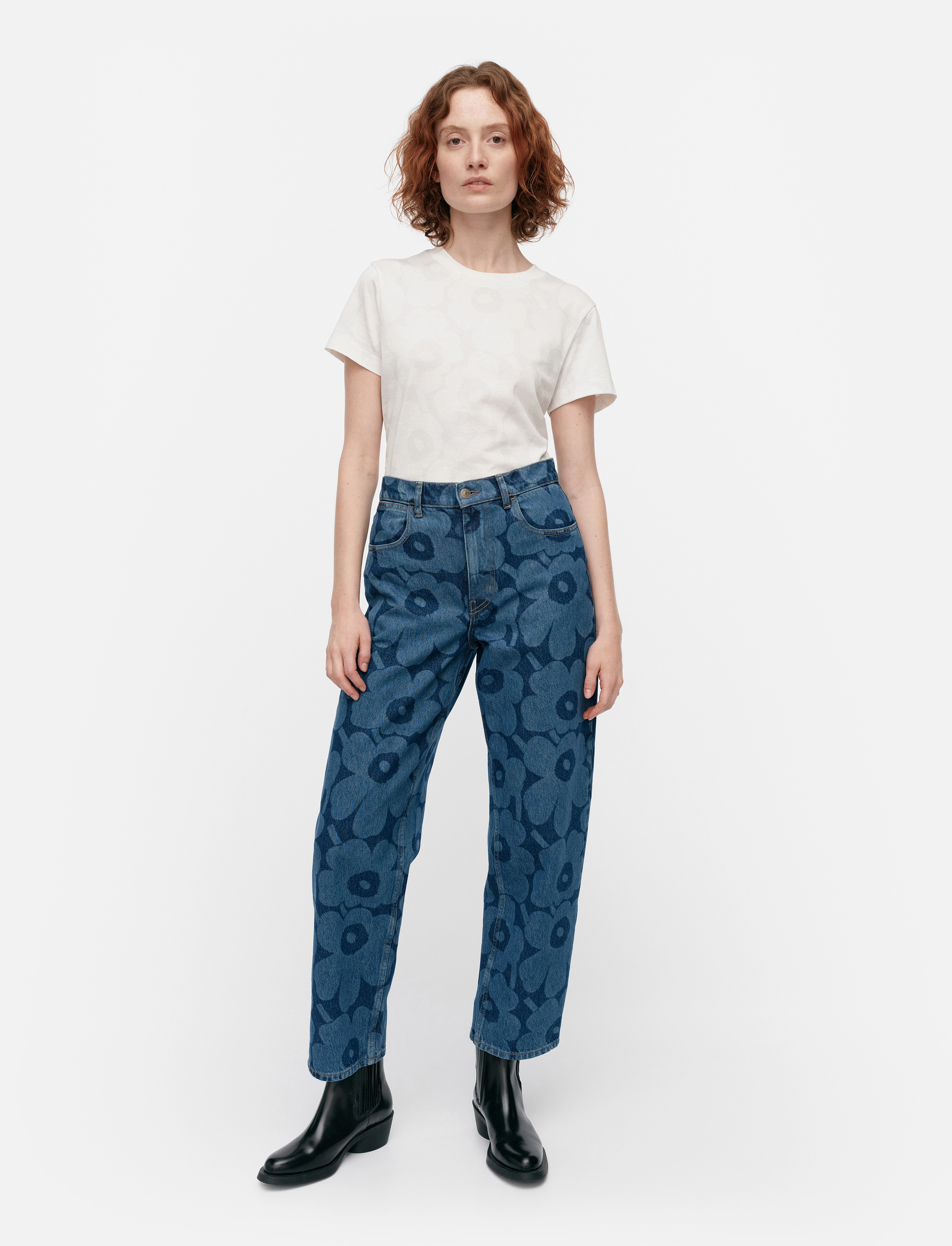 Marimekko Maridenim Barrel Unikko, Kvinder, Højtaljede Blomsterprintede Barrel Jeans, Blå, Str: 32 x 28