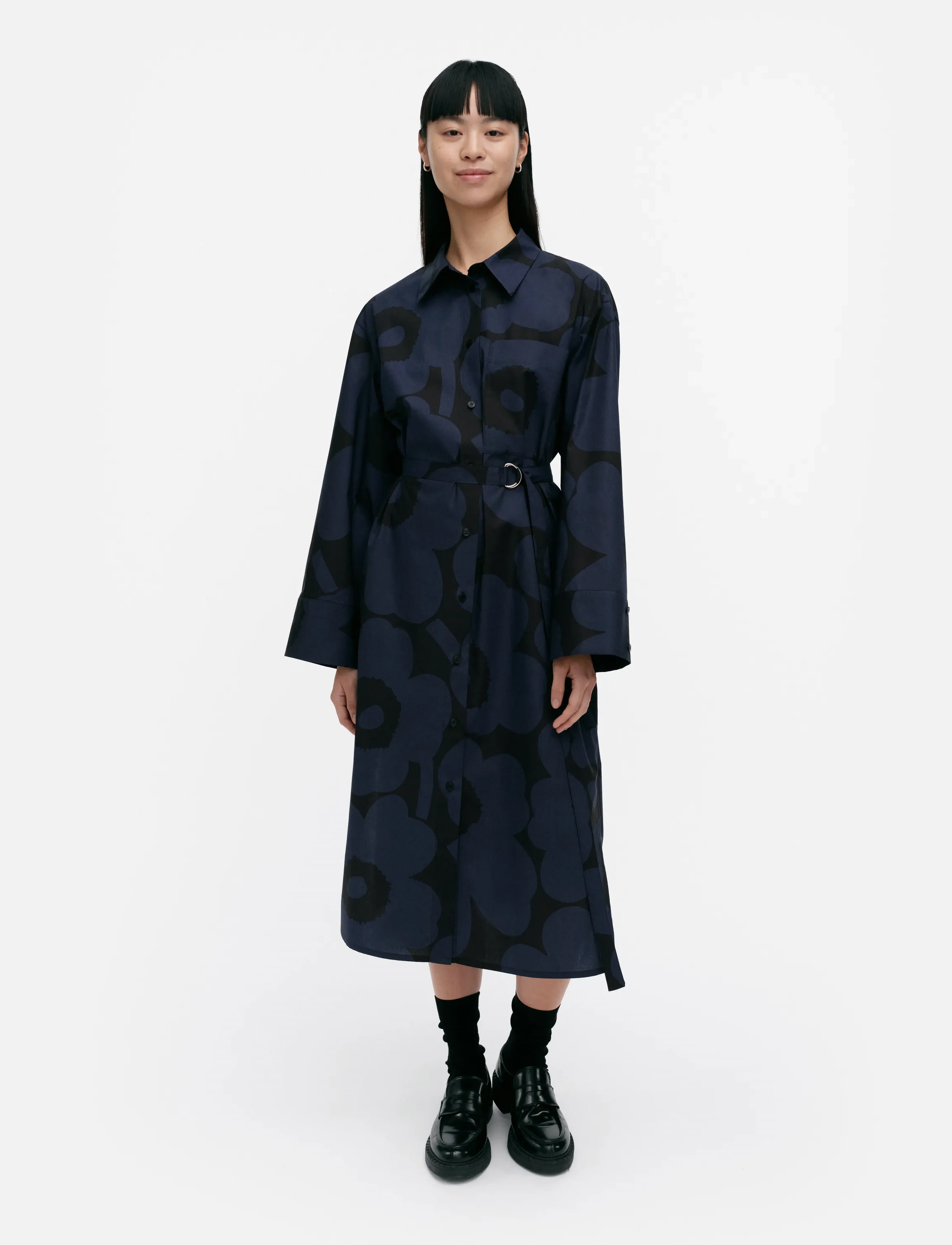 Marimekko Jälki Unikko, Kvinder, Midi Skjortekjole, Navy, Str: 42