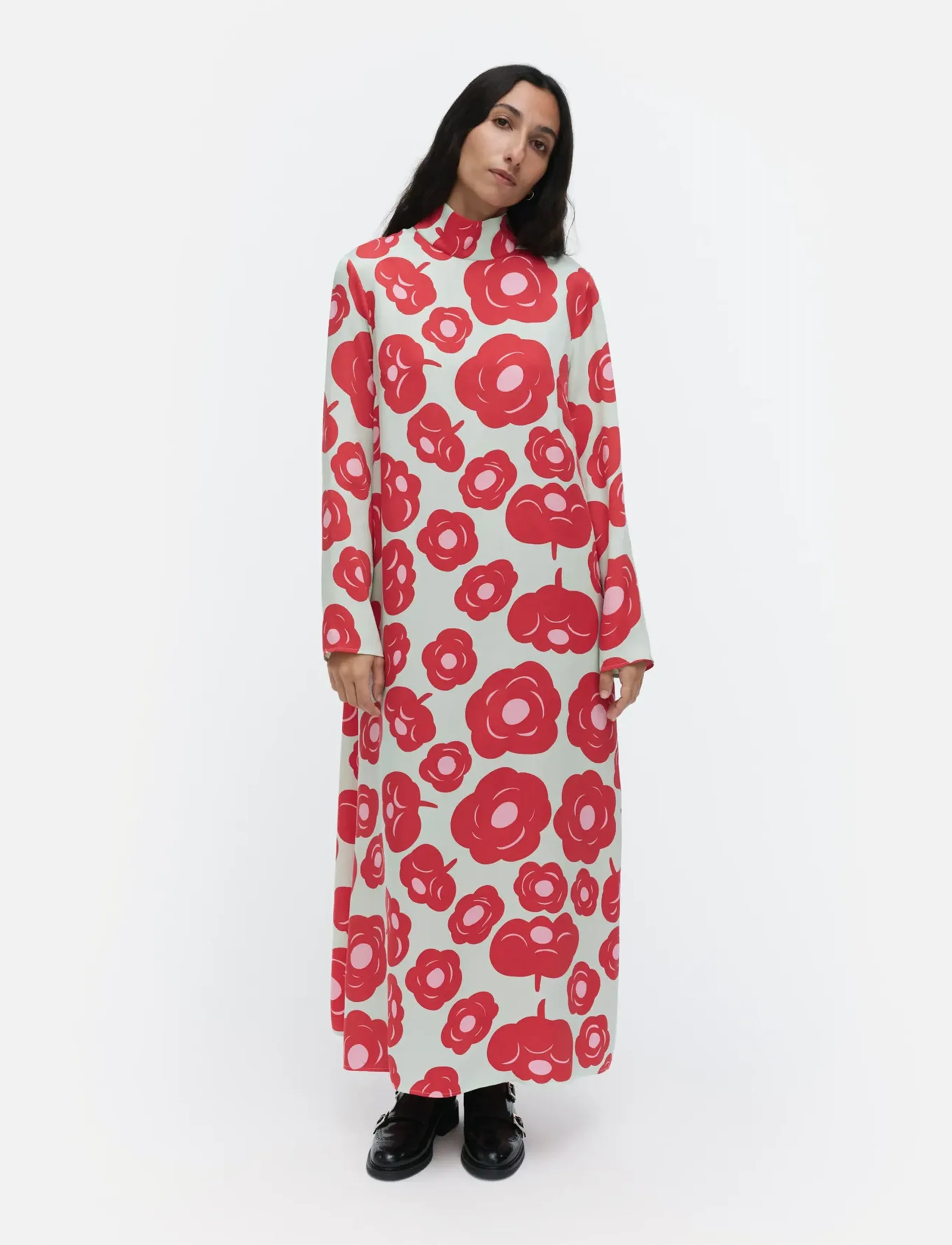 Marimekko Aikakausi Tumma, Kvinder, Højhalset Langærmet Kjole Med Taljebindebånd, Rød, Str: 44