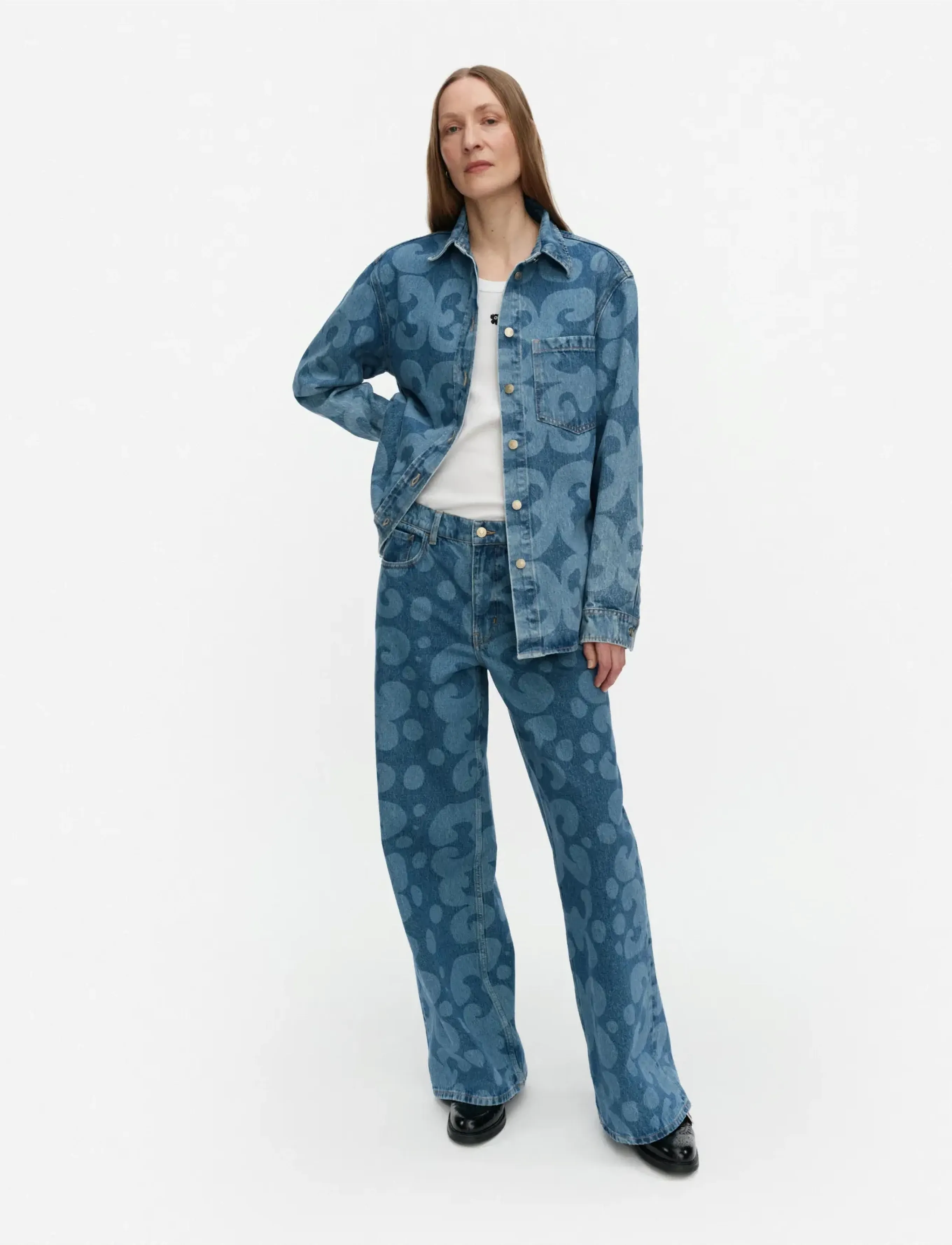 Marimekko Maridenim Vaihe Keidas, Kvinder, Mønstret Denimskjorte, Blå, Str: 38