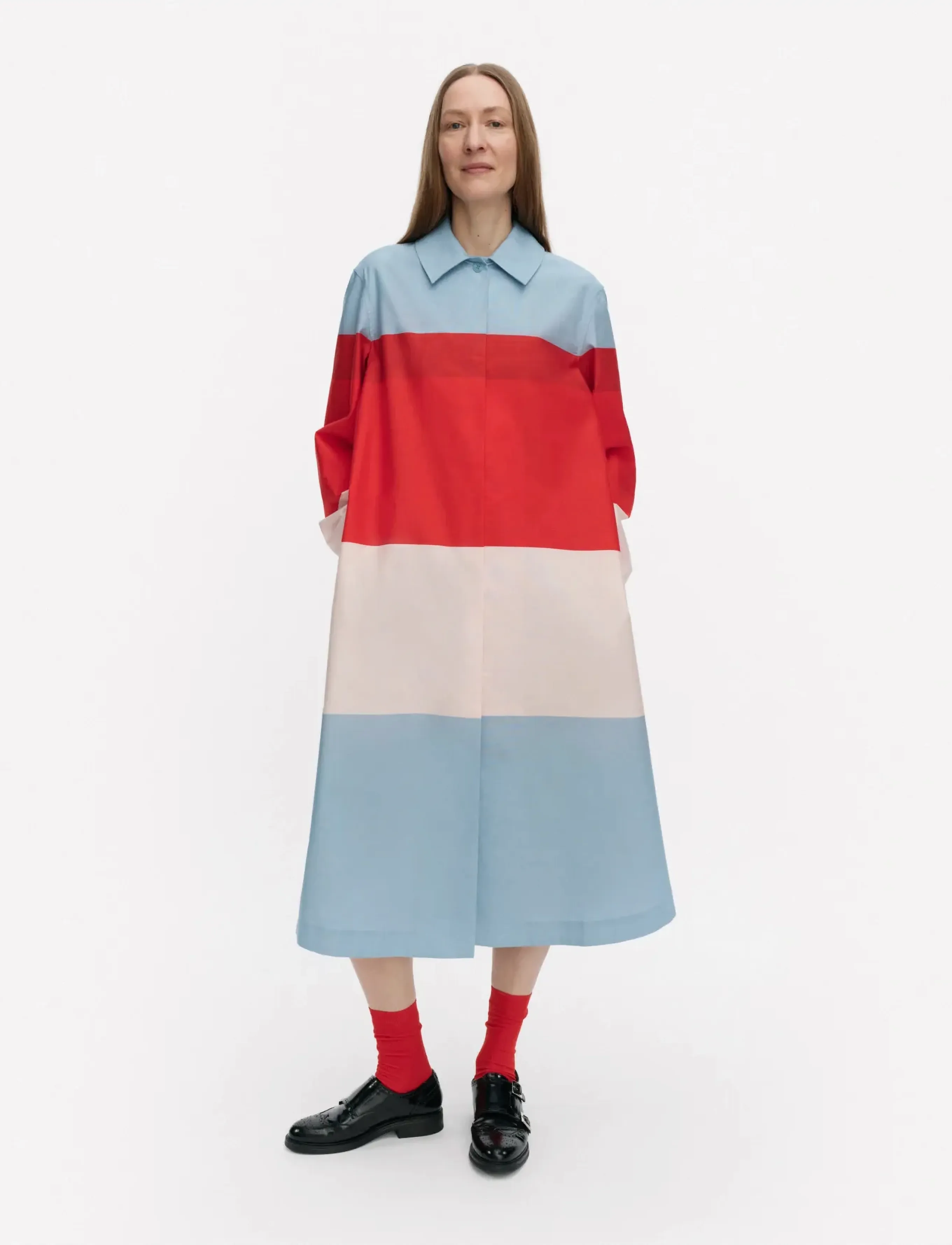 Marimekko Luomus Hennika, Kvinder, Farveblok Bindebånds Skjortekjole, Blå, Str: 40