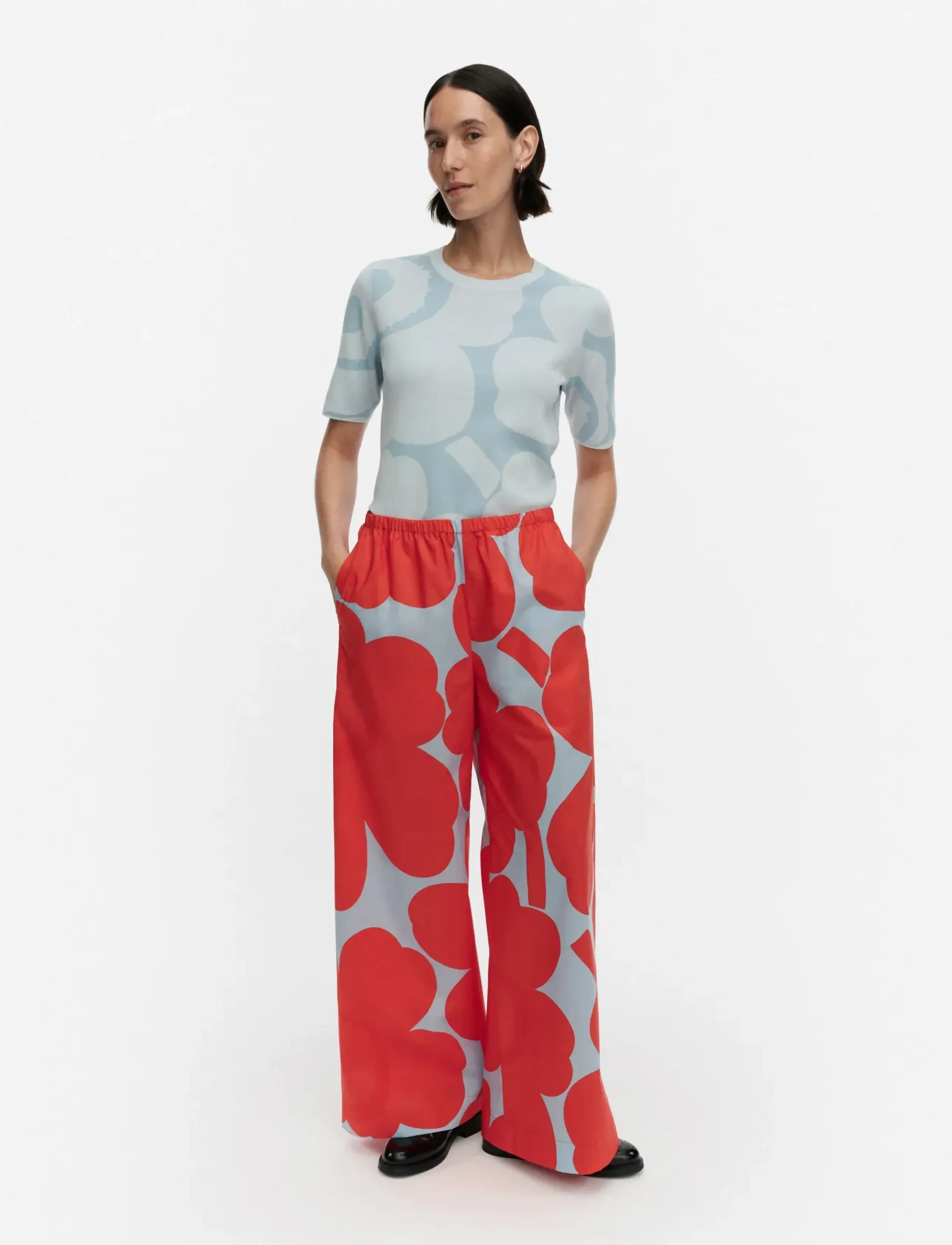 Marimekko Kappale Unikko, Kvinder, Vide Blomstrede Bukser, Rød, Str: XL