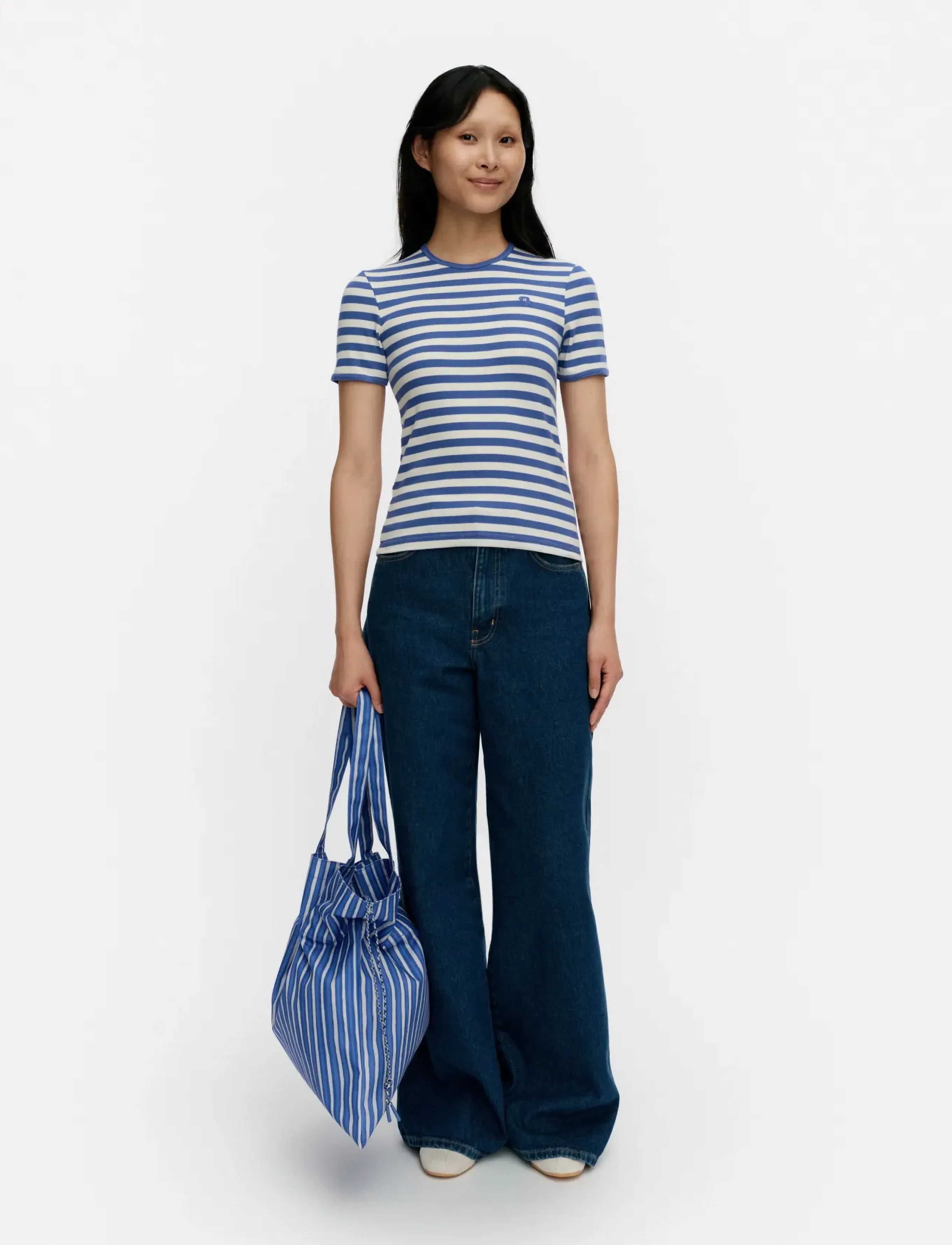 Marimekko Kukkea Tasaraita Unikko, S, Blue, T-Shirts & Toppe > Kortærmede, Dame