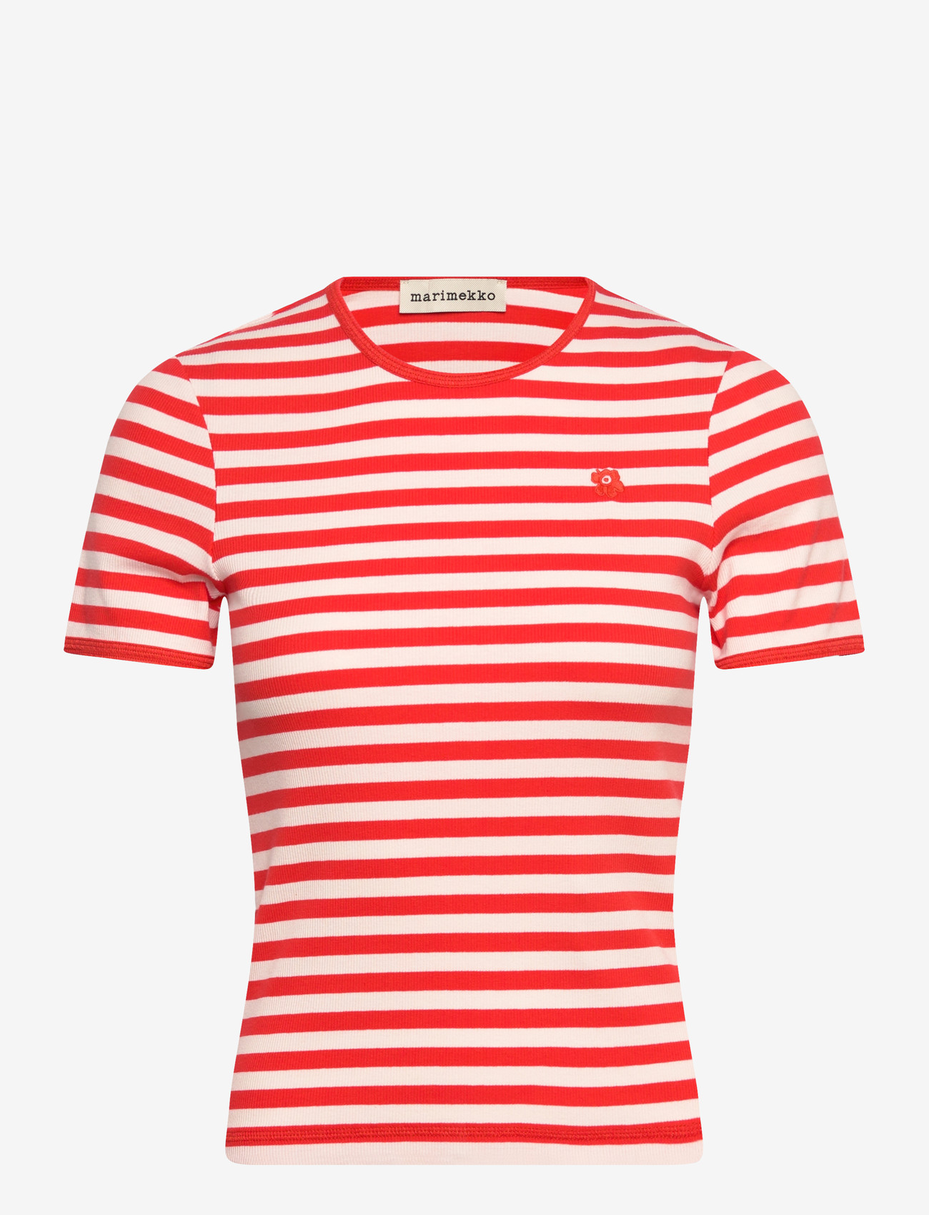Marimekko - KUKKEA TASARAITA UNIKKO - t-shirts - red, off white - 1