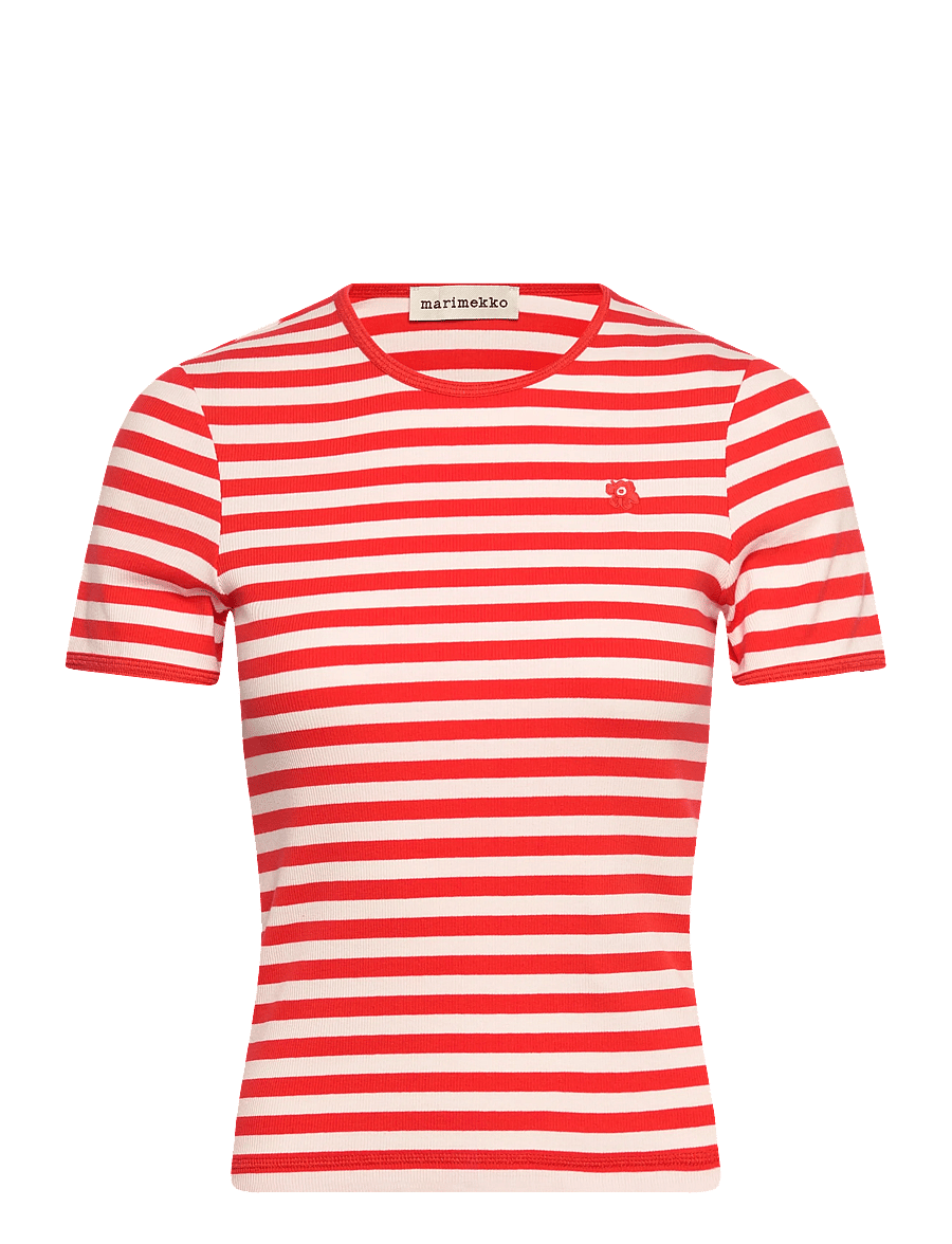 Marimekko - KUKKEA TASARAITA UNIKKO - t-shirts - red, off white - 1