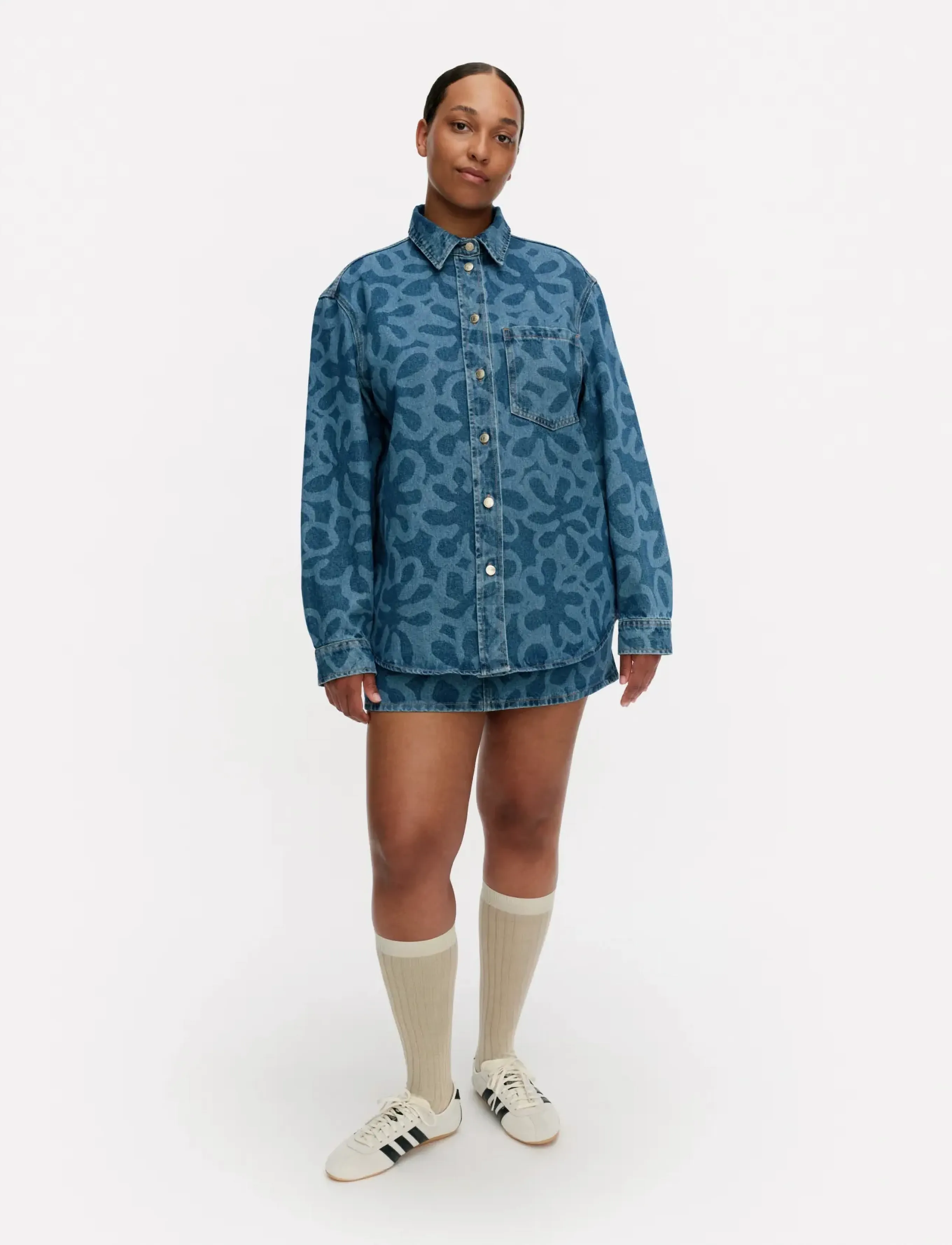 Marimekko Maridenim Vaihe Kukka, Kvinder, Mønstret Denim Skjorte, Blå, Str: 34