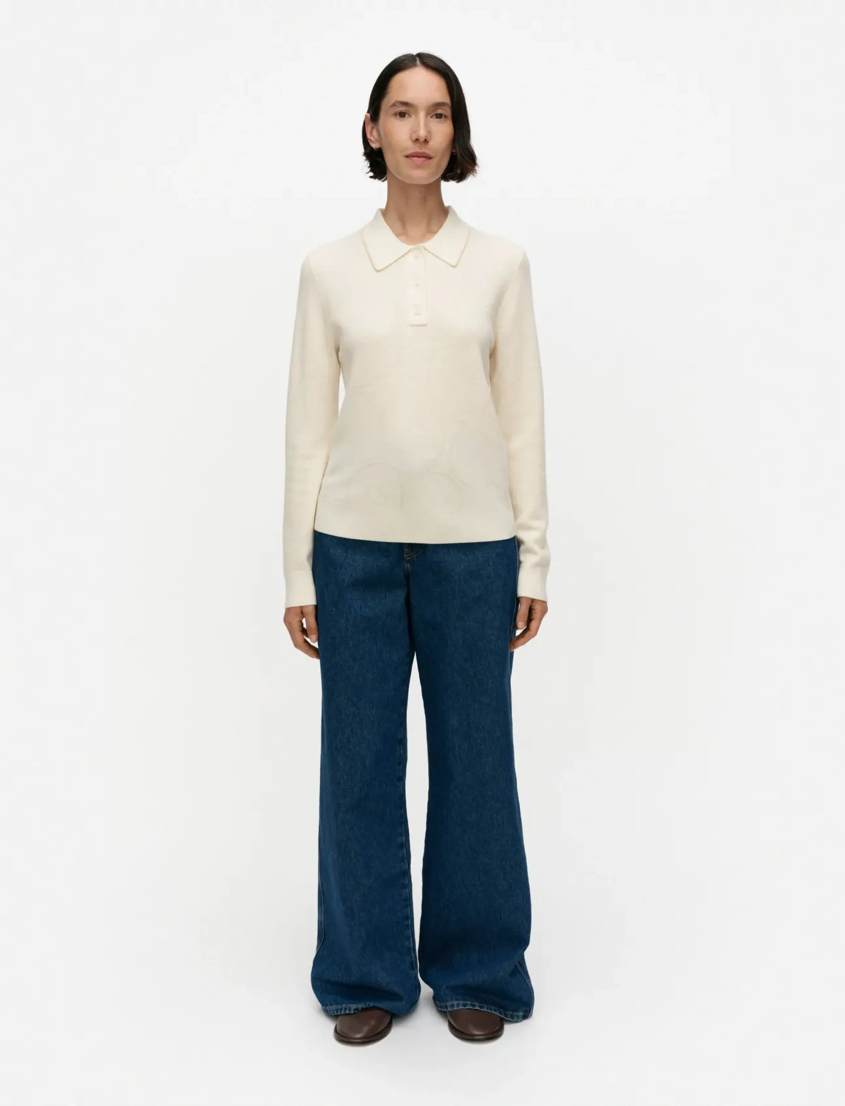 Marimekko Rws Liikkua Piirto Unikko, Kvinder, Langærmet Strikket Poloshirt, Cream, Str: XS