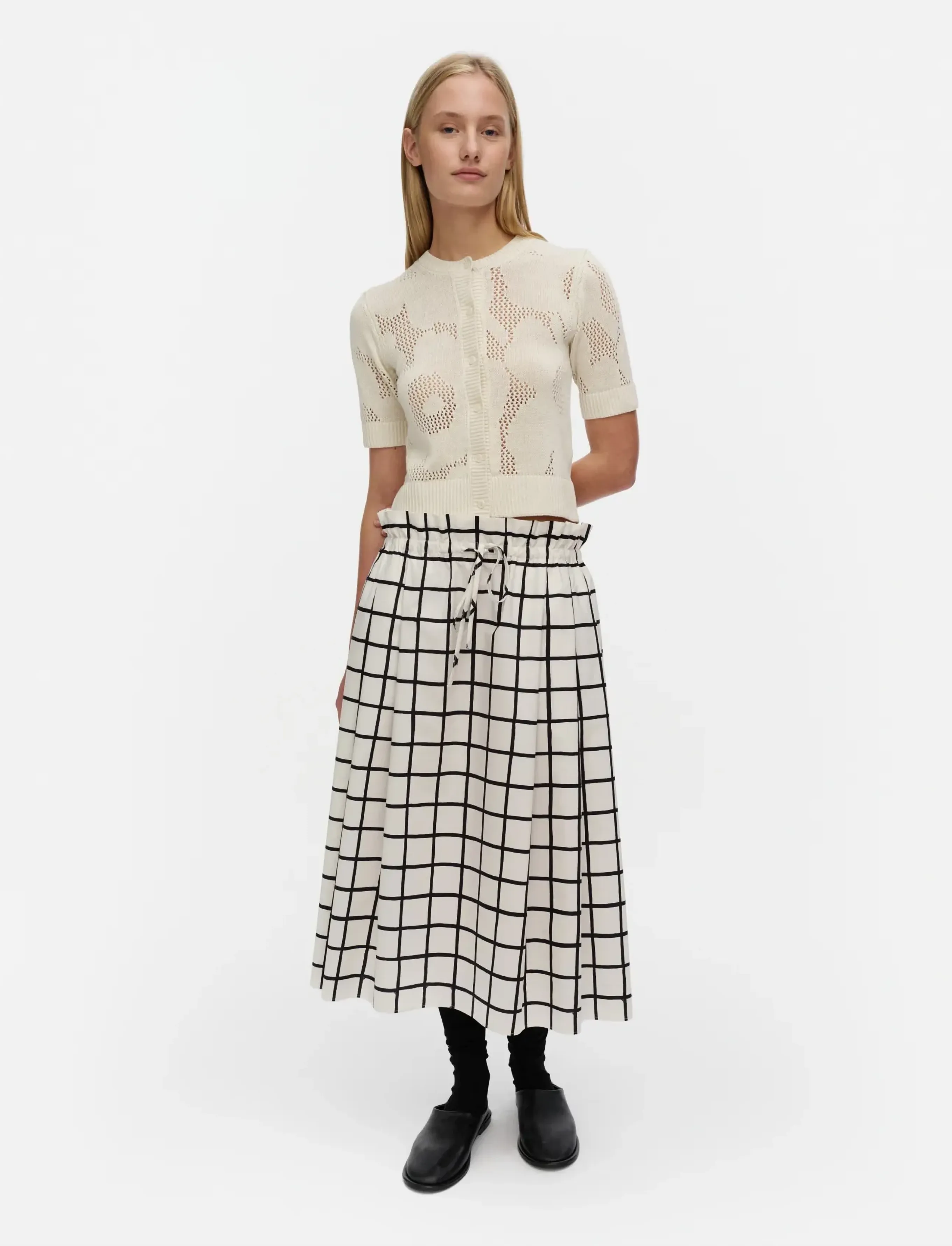 Marimekko Kirjoitus Iso Ruutu, Kvinder, Paperbag Talje Tern Midi Nederdel, Hvid, Str: XL
