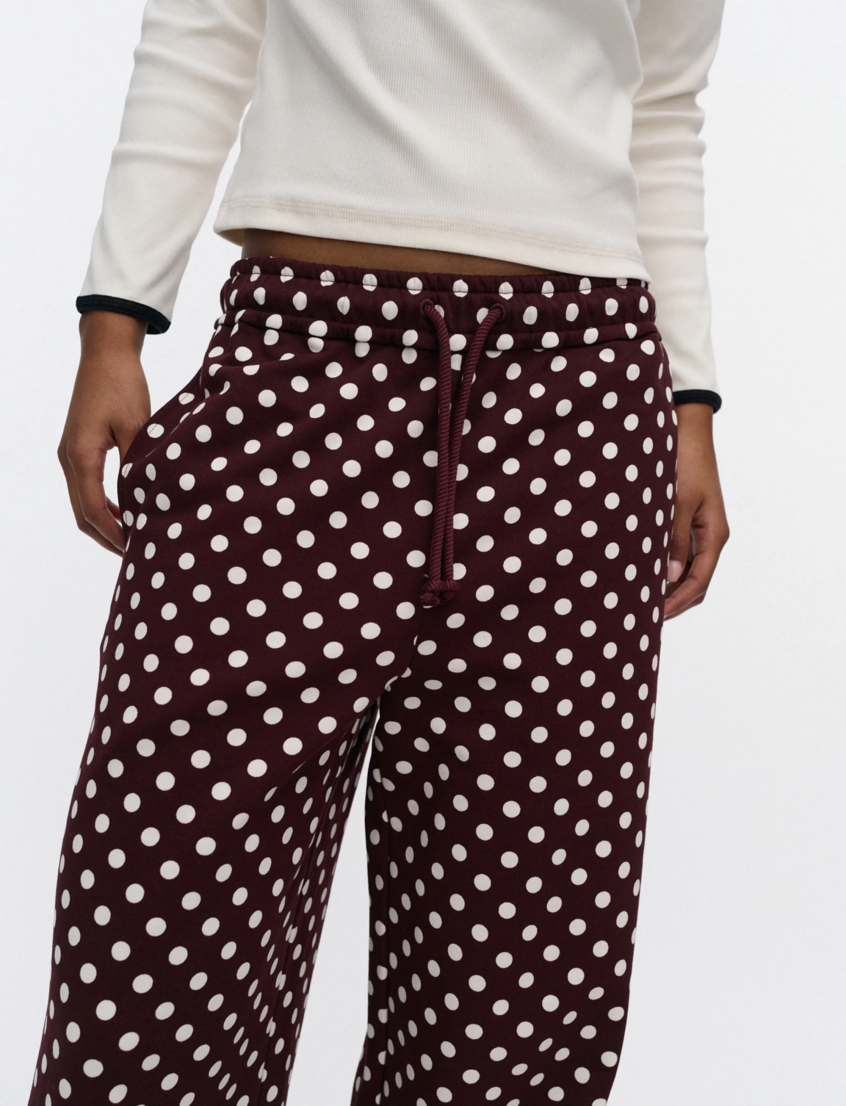 Marimekko - NATURAALI PALLO - wide leg trousers - wine red, off white - 3