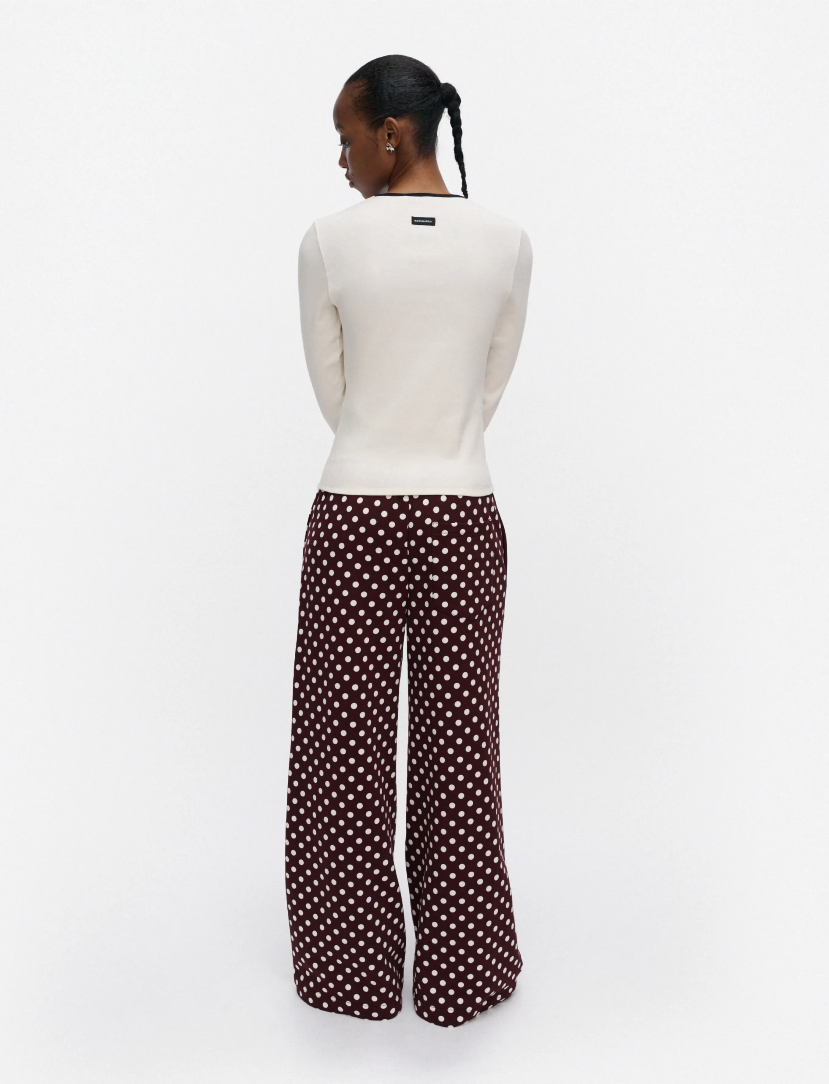 Marimekko - NATURAALI PALLO - wide leg trousers - wine red, off white - 4
