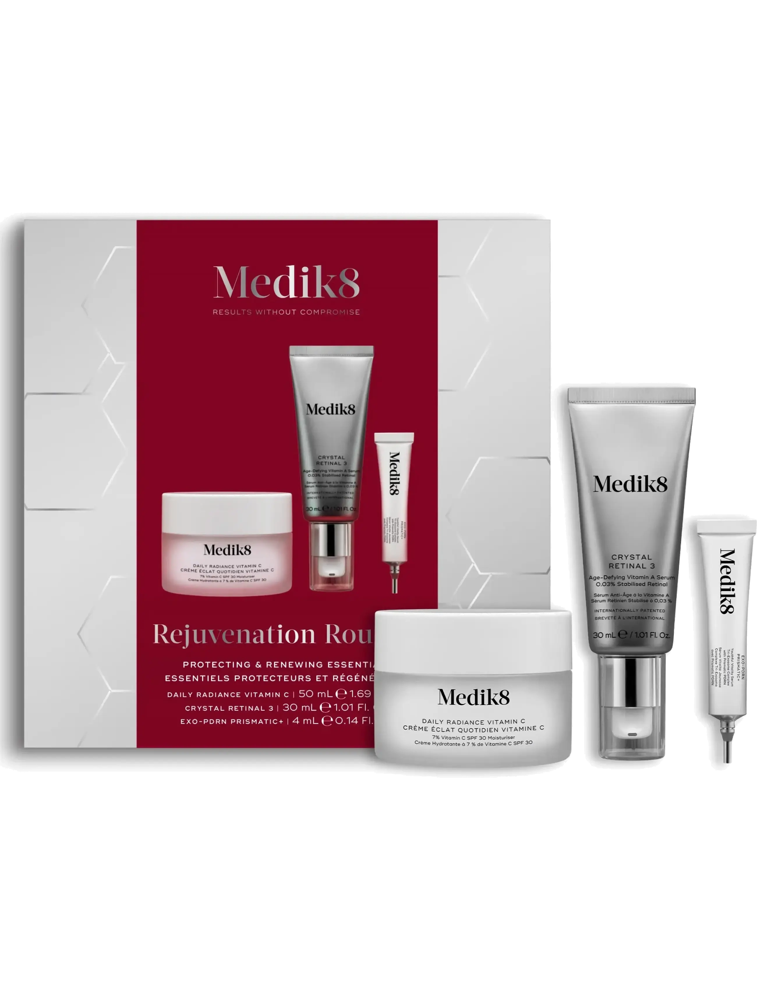 Medik8 Rejuvenation Routine (Kit): Daily Radiance Vitamin C, Crystal Retinal 3, Exo-PDRN Prismatic - Gavesæt - CLEAR / undefined