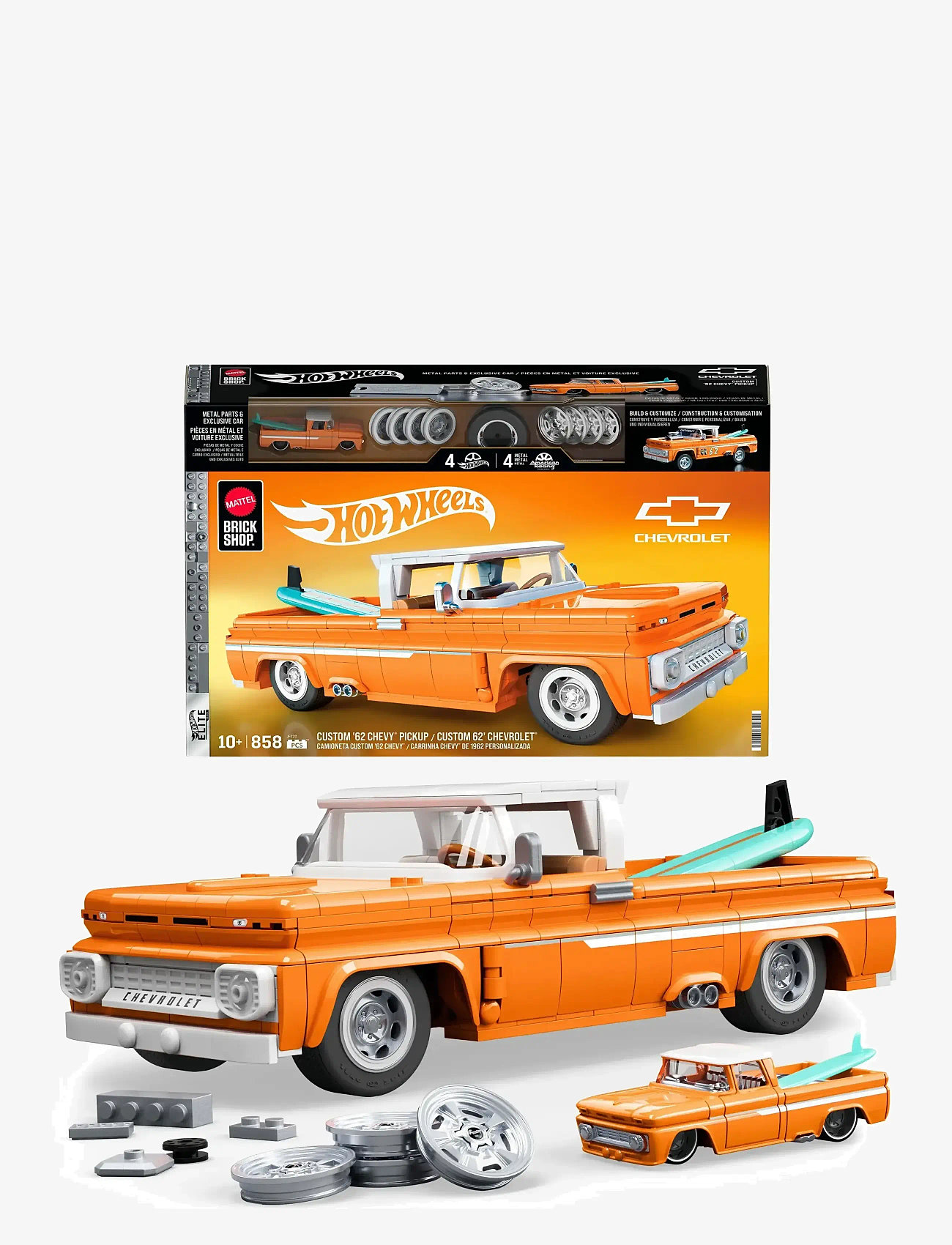 Mattel Brick Shop Brick Shop Hot Wheels Custom ’62 Chevy Pickup Building Toy Kit (858 Pieces), for Collectors - Hot Wheels - MULTI COLOR / orange