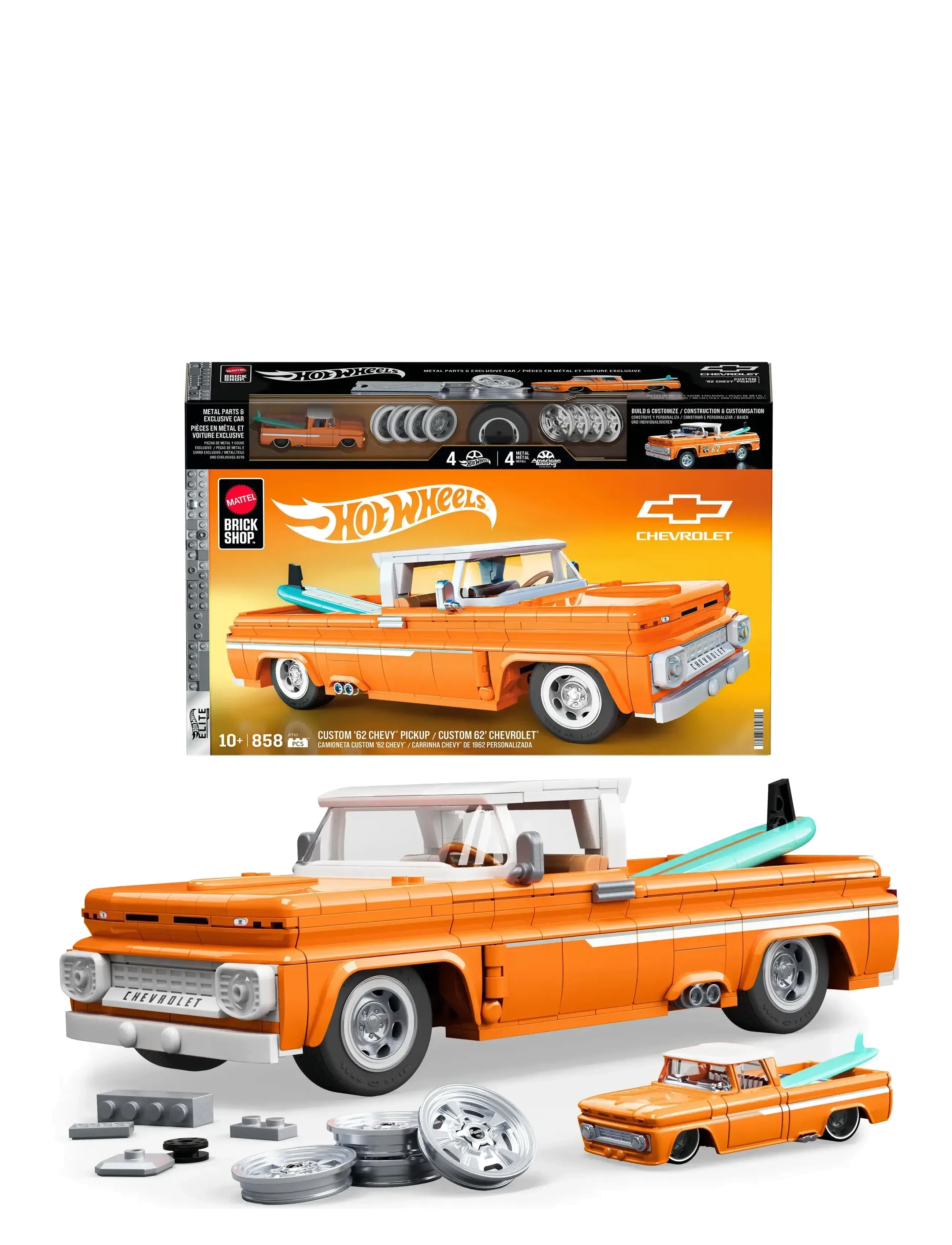 Mattel Brick Shop Brick Shop Hot Wheels Custom ’62 Chevy Pickup Building Toy Kit (858 Pieces), for Collectors - Hot Wheels - MULTI COLOR / orange