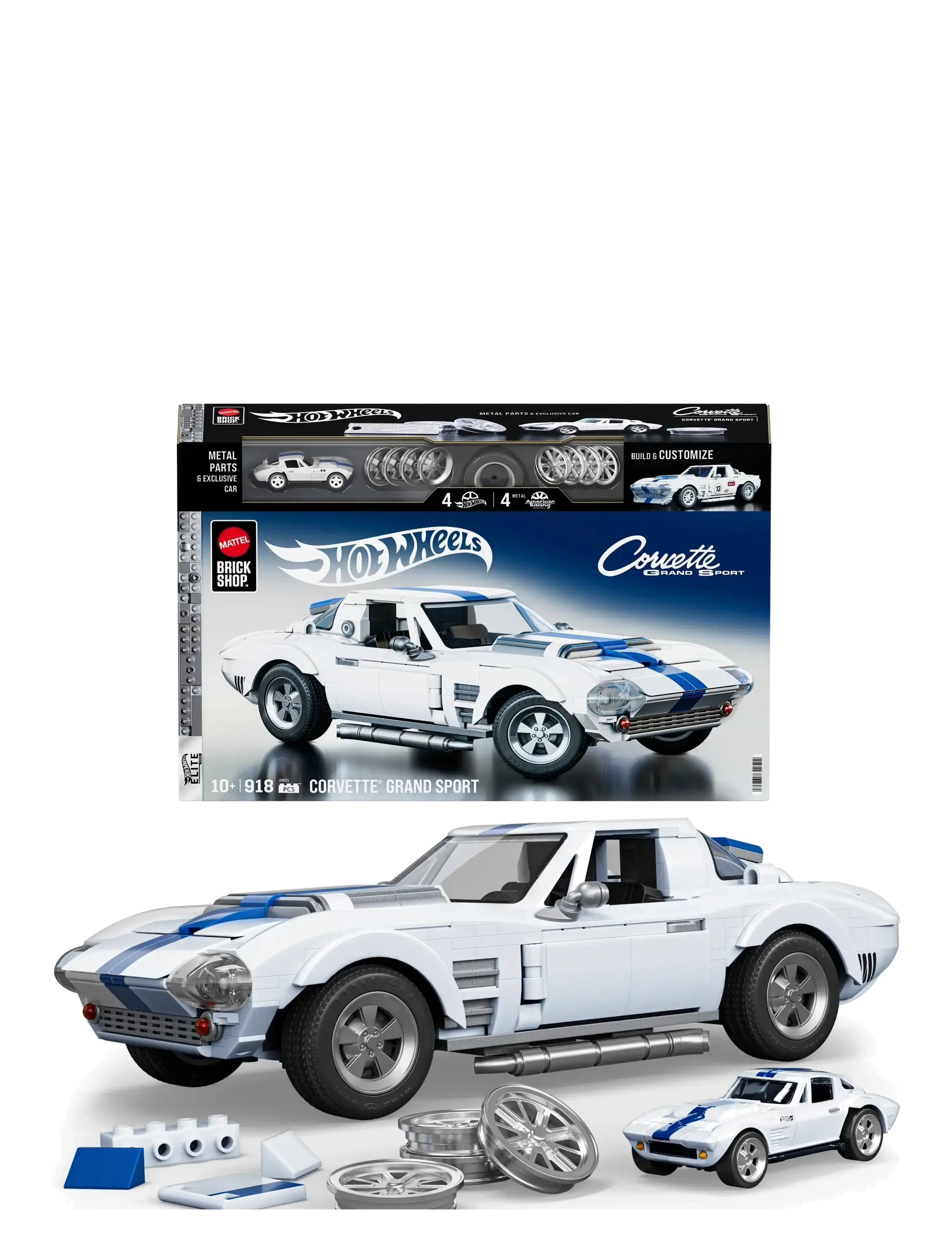 Mattel Brick Shop Brick Shop Hot Wheels Corvette Grand Sport Building Toy Kit (918 Pieces), For Collectors, One Size, White, Toy Cars > Other Toy Cars
