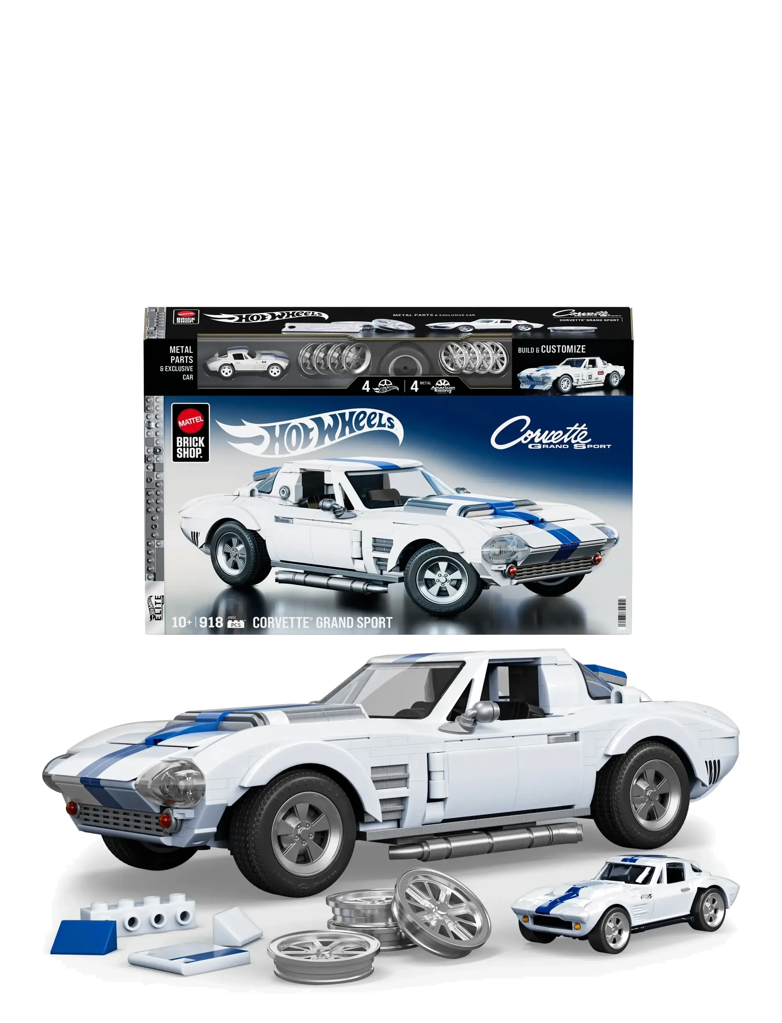 Mattel Brick Shop Brick Shop Hot Wheels Corvette Grand Sport Building Toy Kit (918 Pieces), for Collectors - Inspiration - MULTI COLOR / white