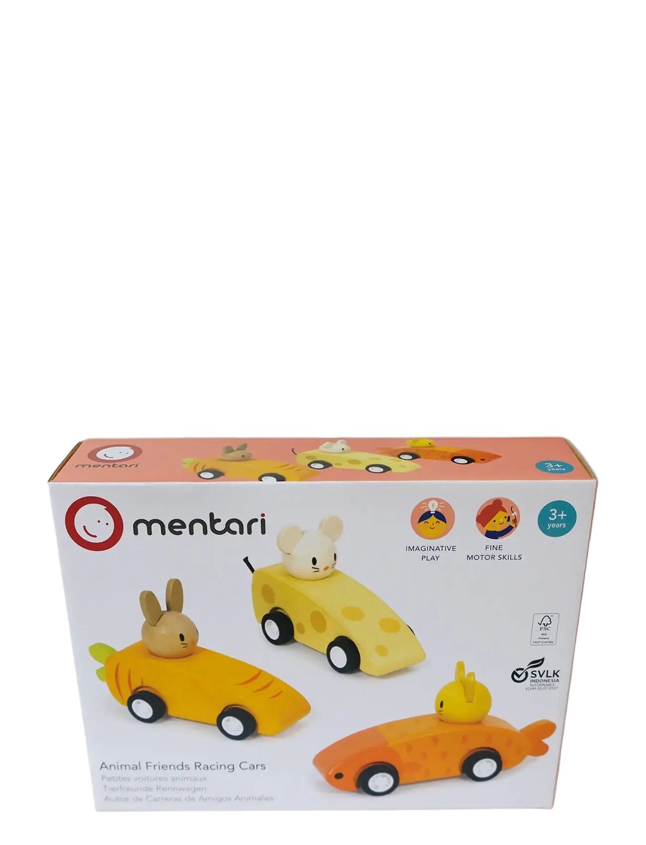 Mentari - 3 Pullback Racing Cars - Animal Friends - puidust figuurid - orange - 3