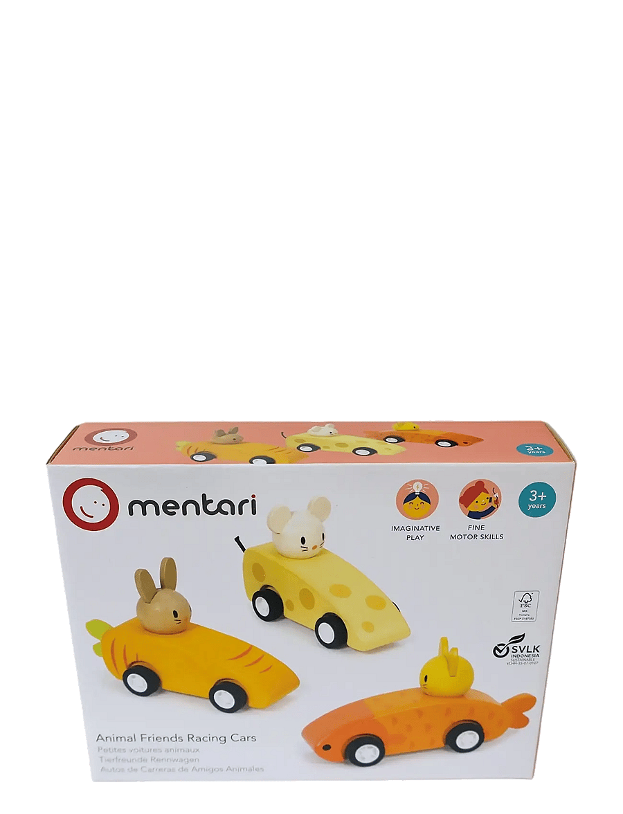 Mentari - 3 Pullback Racing Cars - Animal Friends - puidust figuurid - orange - 3