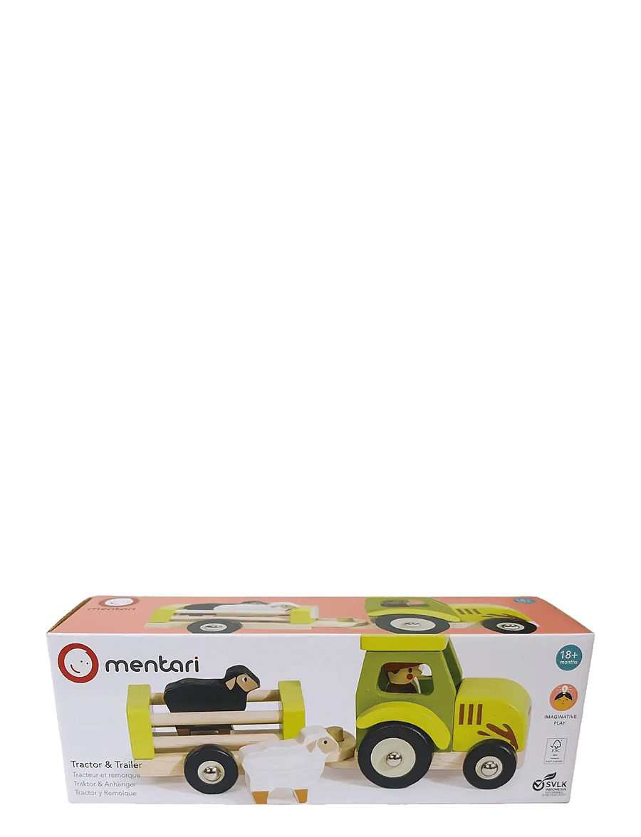 Mentari - Tractor with Trailer and Sheep - puidust kujud - green - 2