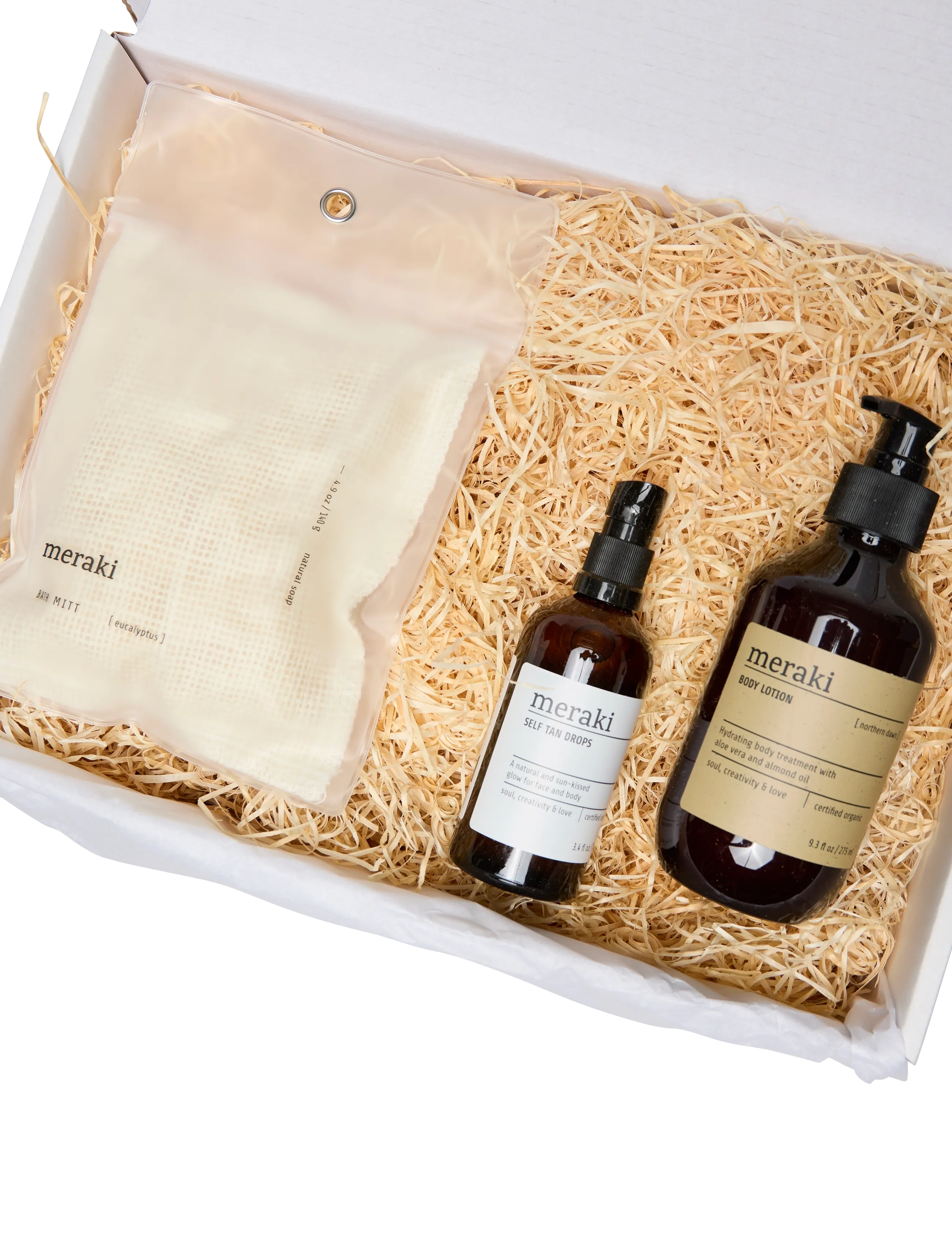 meraki - Gift box, self tan drops, bath mitt, body lotion, 100, 140, 275 |ml|g|ml| - white - 2