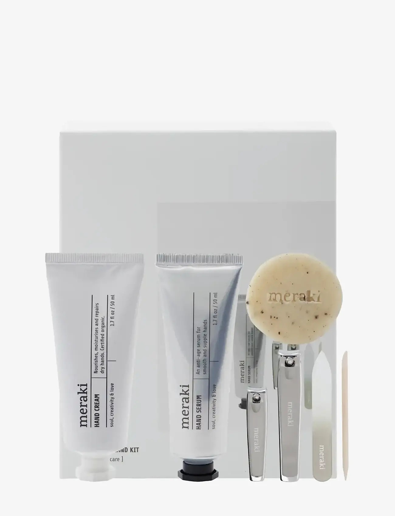 meraki - Gift box, hand cream + hand serum + soap + nail kit, 50|50|20 ml|ml|g - til ham - white - 2