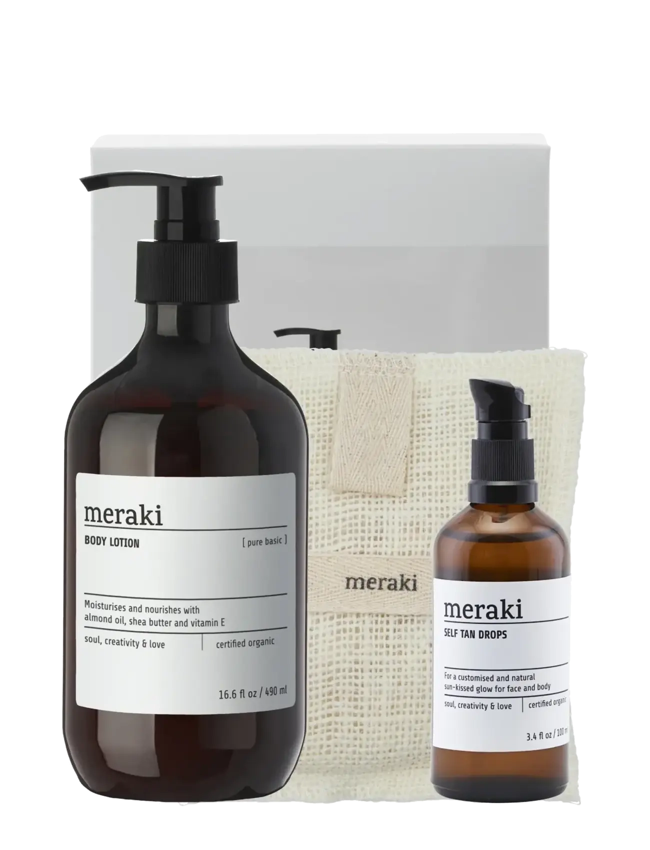 meraki - Gift box, self tan drops, bath mitt, body lotion, 140|100|490 g|ml|ml - húðmjólk og krem - white - 2