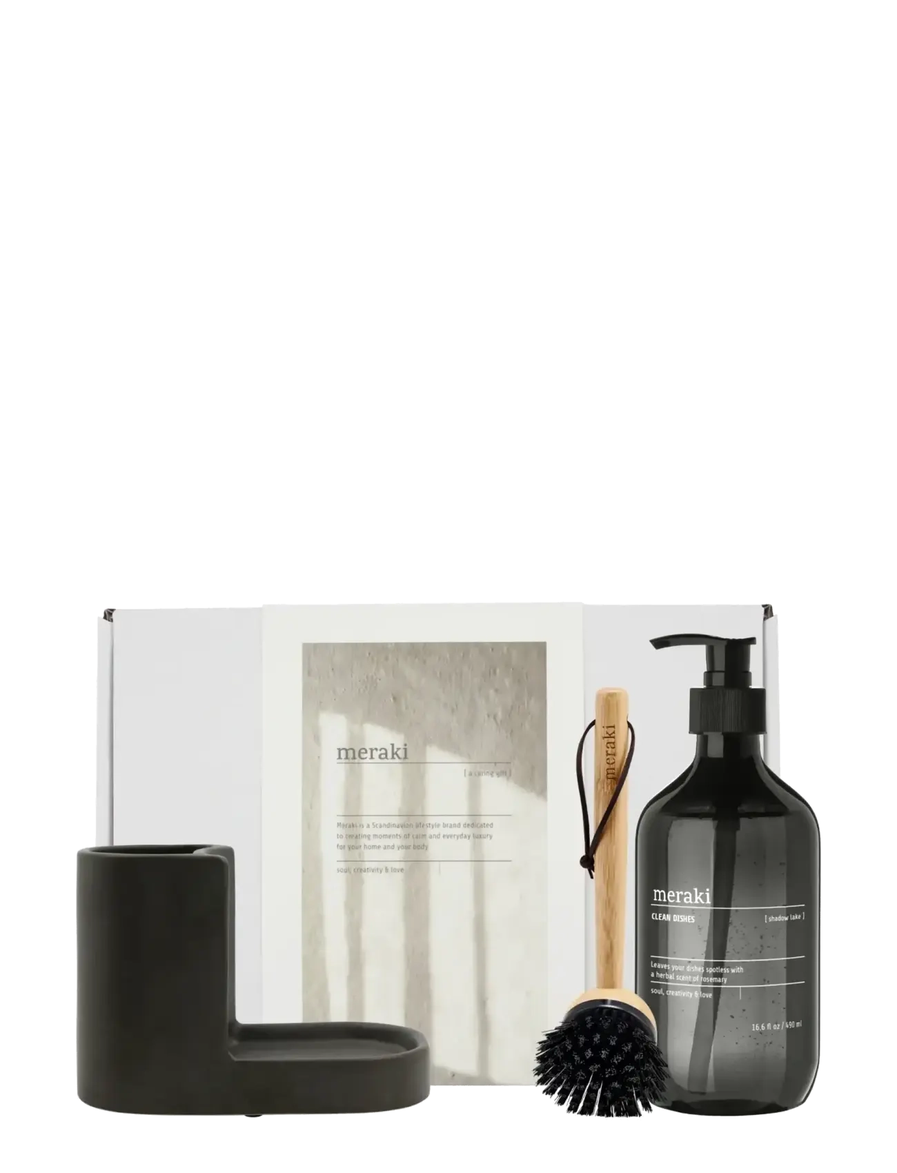 meraki Gift box, dark grey holder + nature brush + shadow lake dish wash, 490 ml - Gavesæt - GREY / clear