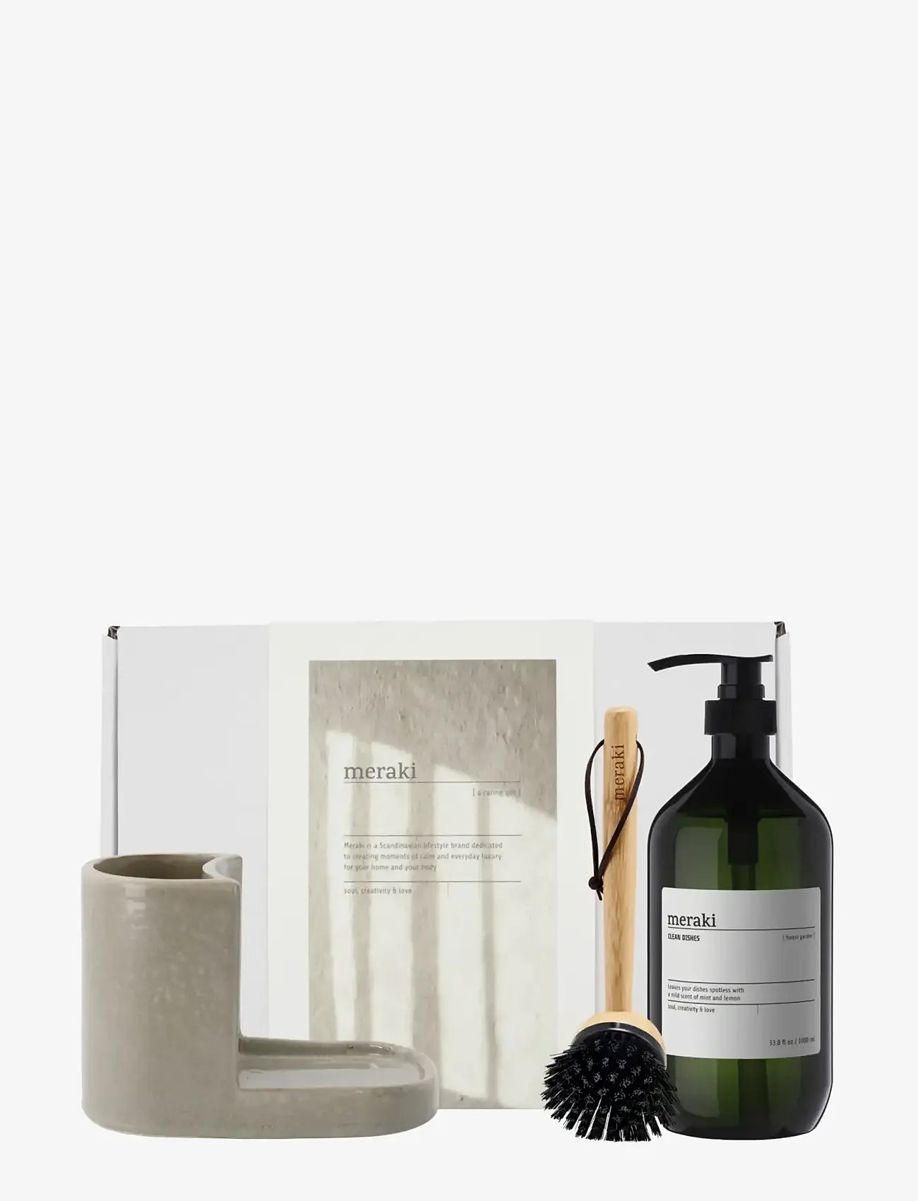 meraki - Gift box, grey holder + nature brush + forest garden dish wash, 1000 ml - opvaskestativer - white - 1