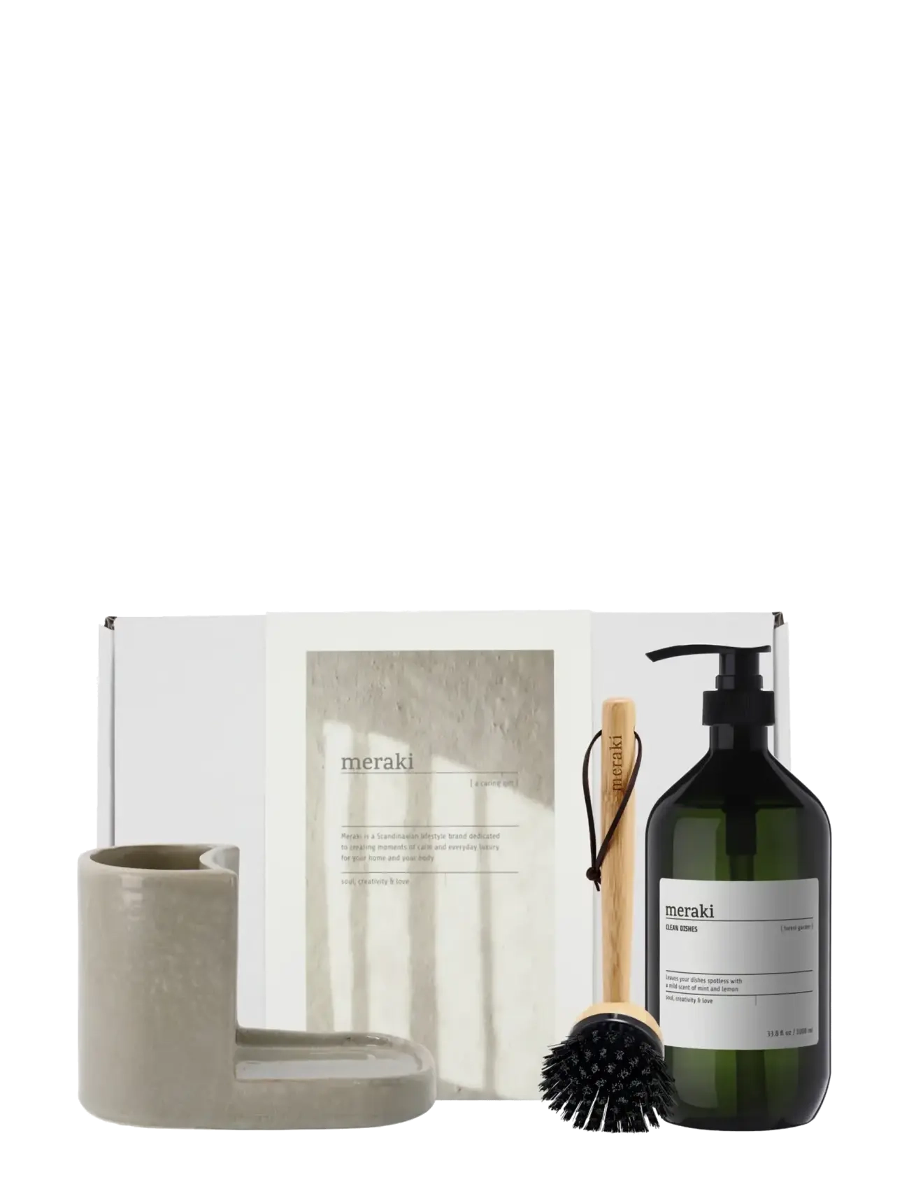 meraki Gift box, grey holder + nature brush + forest garden dish wash, 1000 ml - Vis alt - WHITE / clear