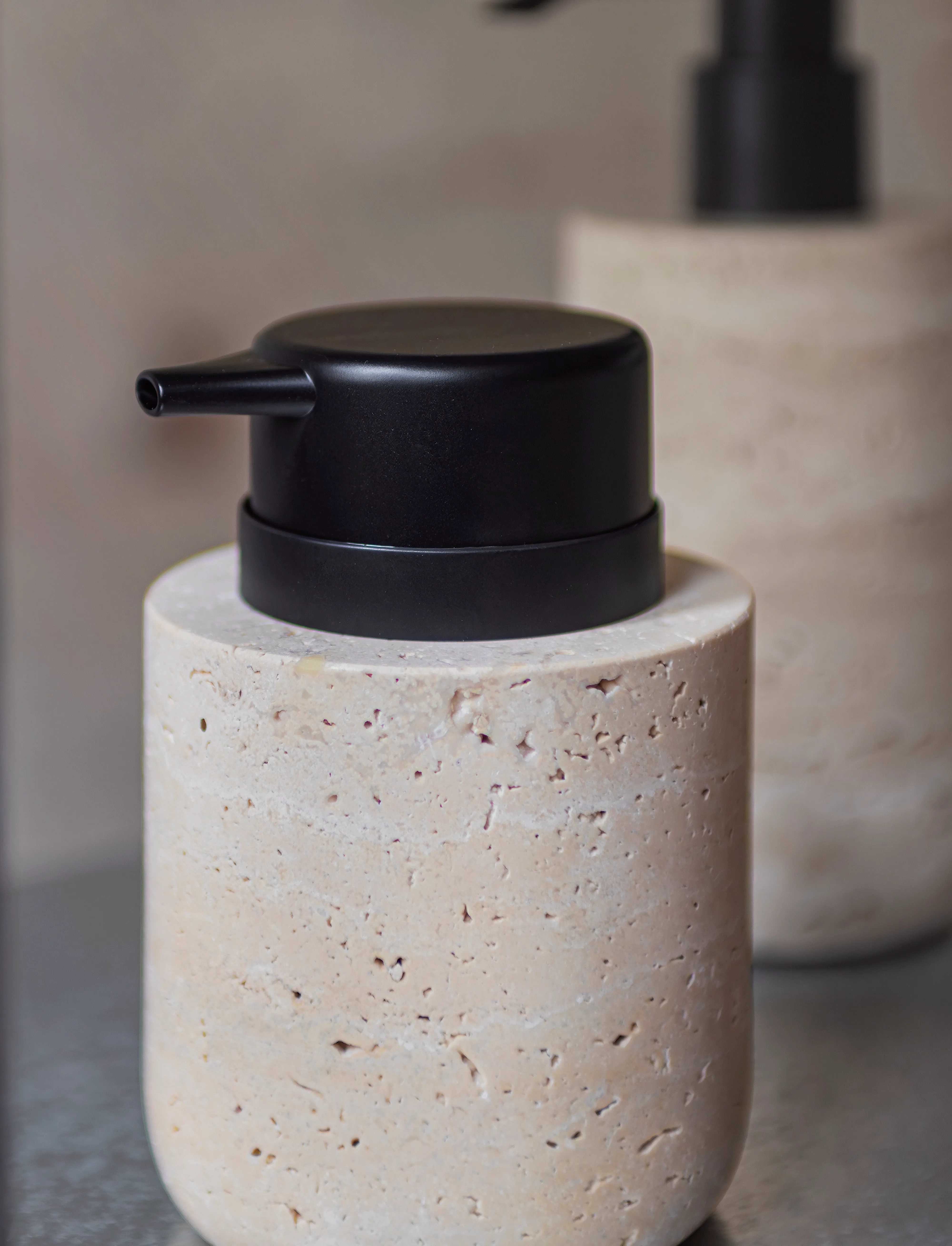 Mette Ditmer Travertine Dispenser, Ø8.5X H12.5 cm, Bathroom Interior, Beige - Soap Pumps & Cups, Homeware
