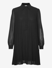 PLEATED MINI SHIRT DRESS - BLACK