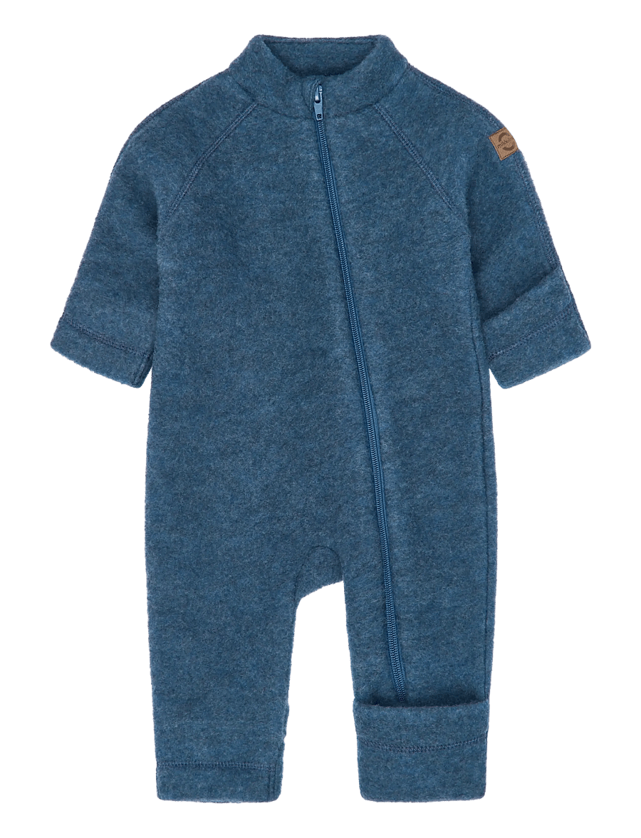 mikk-line - Wool Baby Suit - fleece coveralls - blue melange - 0