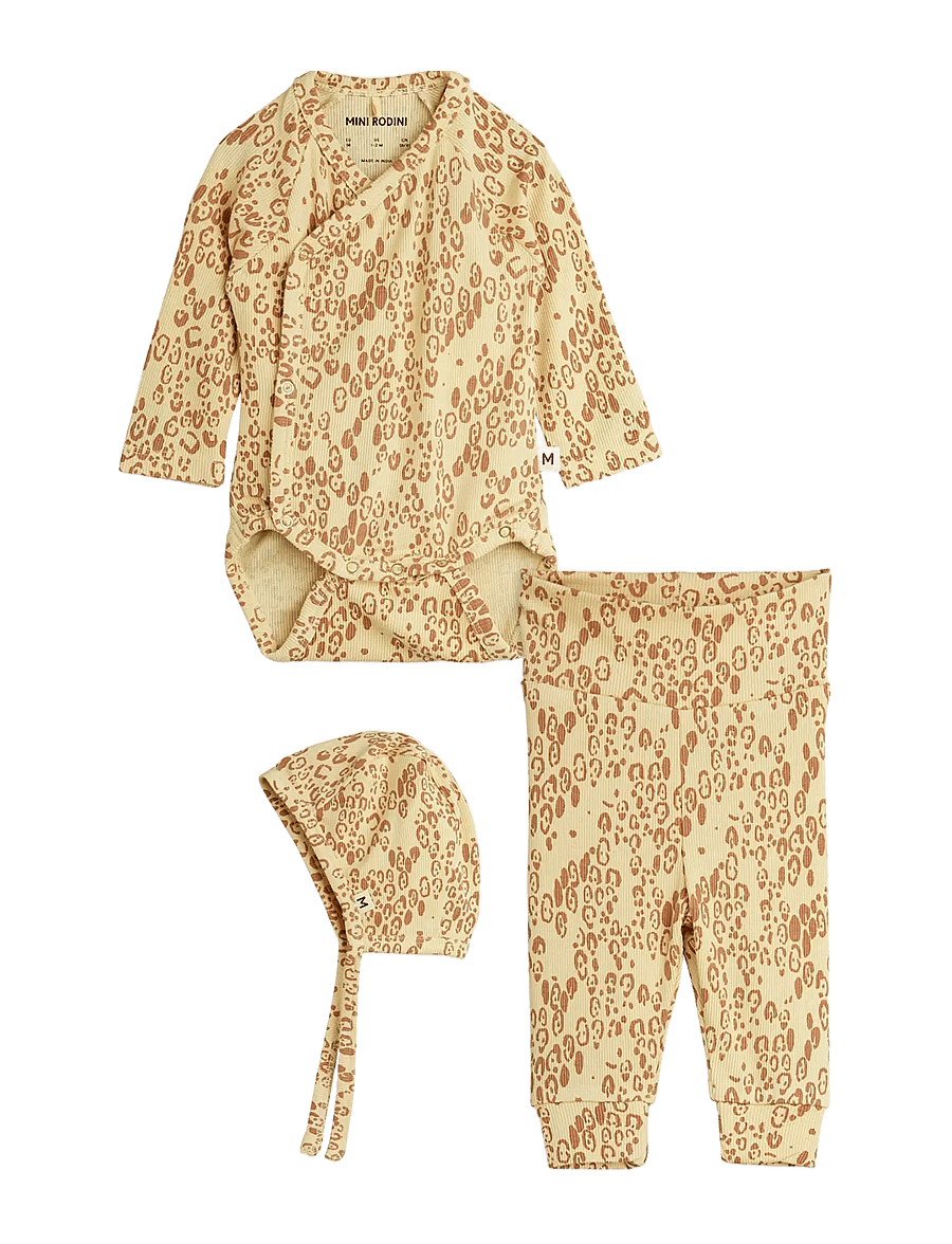 Mini Rodini - Mini leopard aop nb baby kit - komplektid pikkade varrukatega t-särgiga - beige - 0