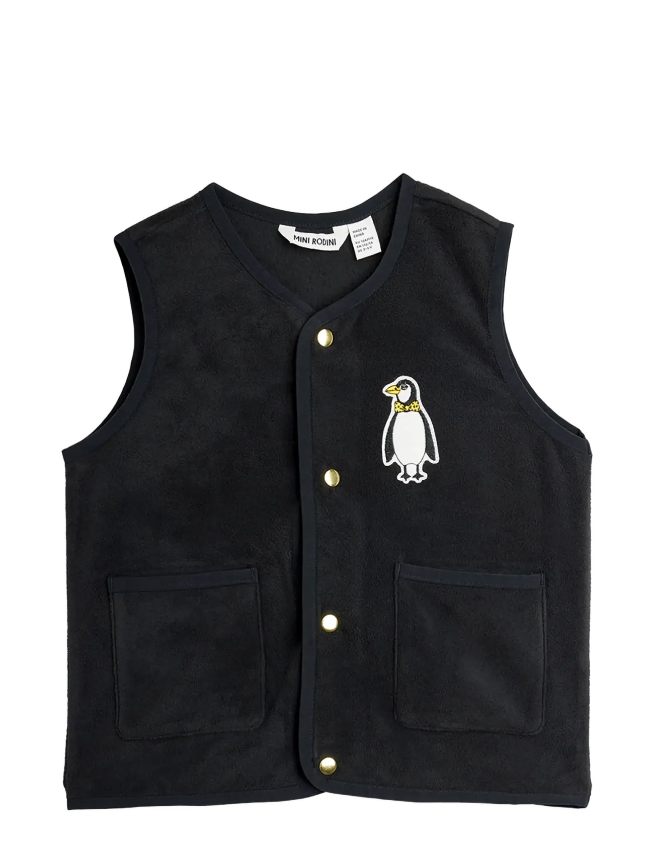Mini Rodini Penguin Patch Microfleece Vest, Børn, Mikrofleece Vest Med Pingvinmærke, Sort, Str: 56/62