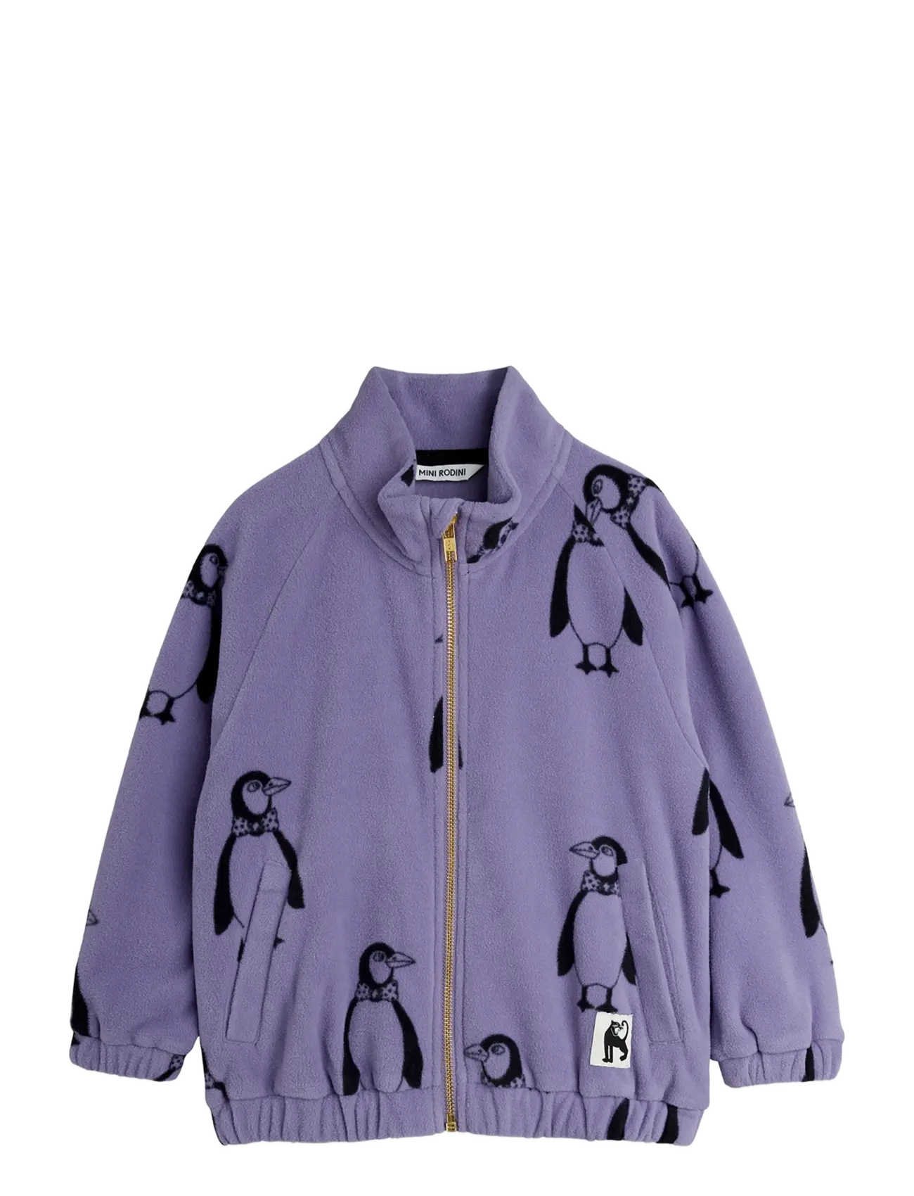 Mini Rodini Penguin Aop Fleece Jacket, Børn, Pingvin Print Fleecejakke, Lila, Str: 68/74