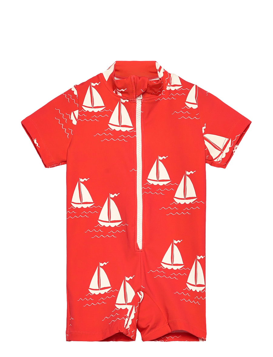 Mini Rodini - Sailing boats aop ss uv suit - maillots 1 pièce - red - 0
