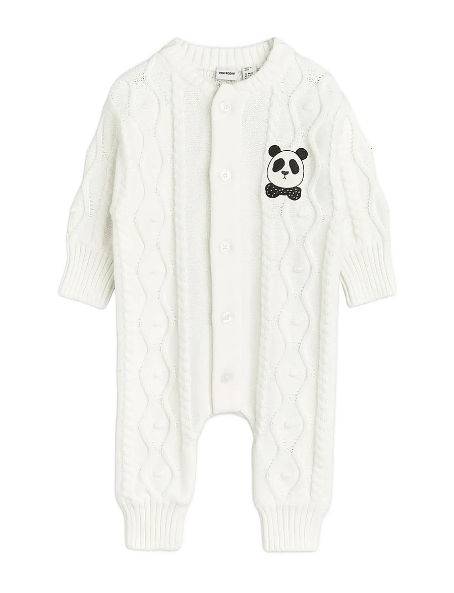 Mini Rodini - Panda texture knit baby onesie - långärmade bodysuits - offwhite - 0