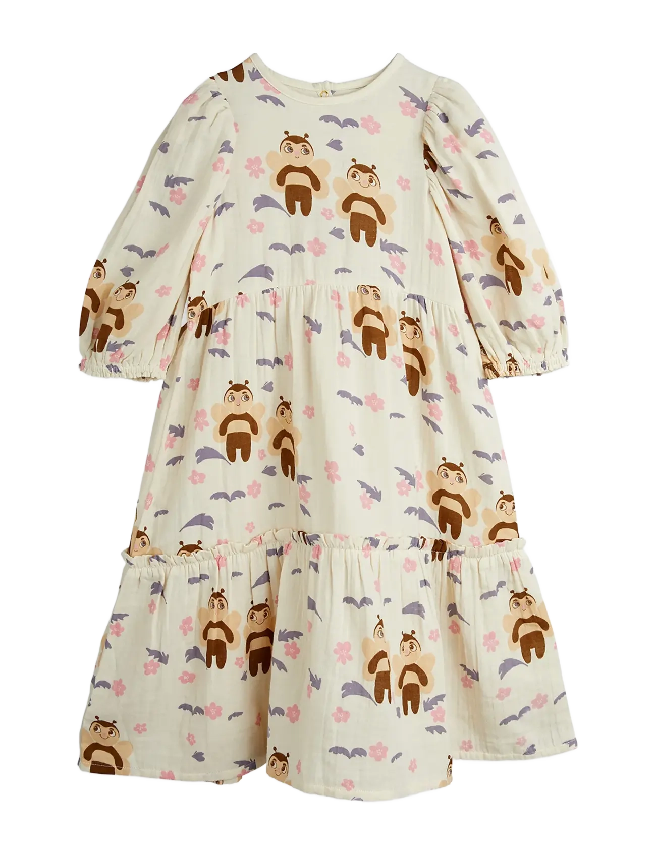 Mini Rodini Muslin bee aop woven puff sleeve dress - Kleider & Röcke - OFFWHITE / cream