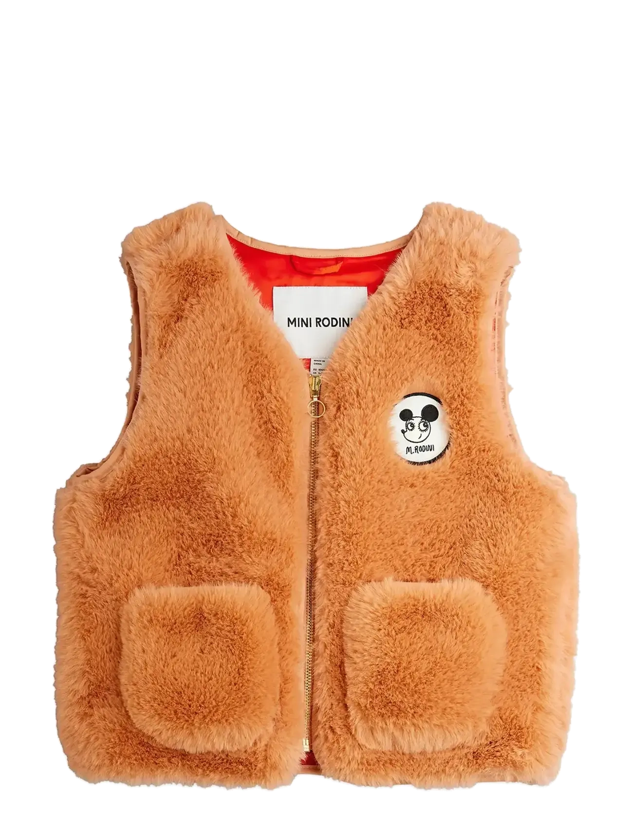Mini Rodini Ritzratz Patch Faux Fur Vest, 92/98, Orange, Overtøj > Udendørs Veste, Børn