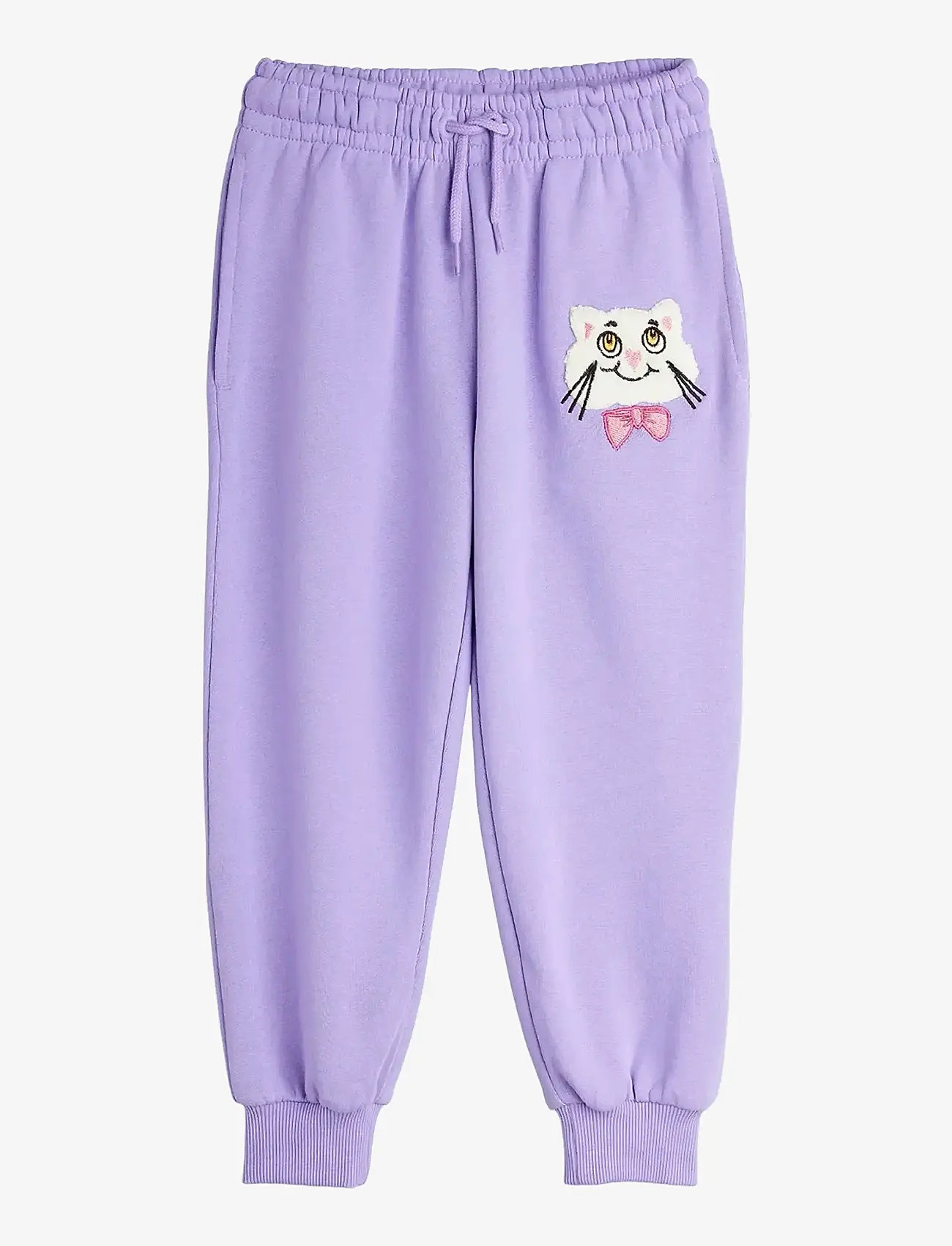 Mini Rodini - Cat with bowtie chenille sweatpants - sweatpants - purple - 0