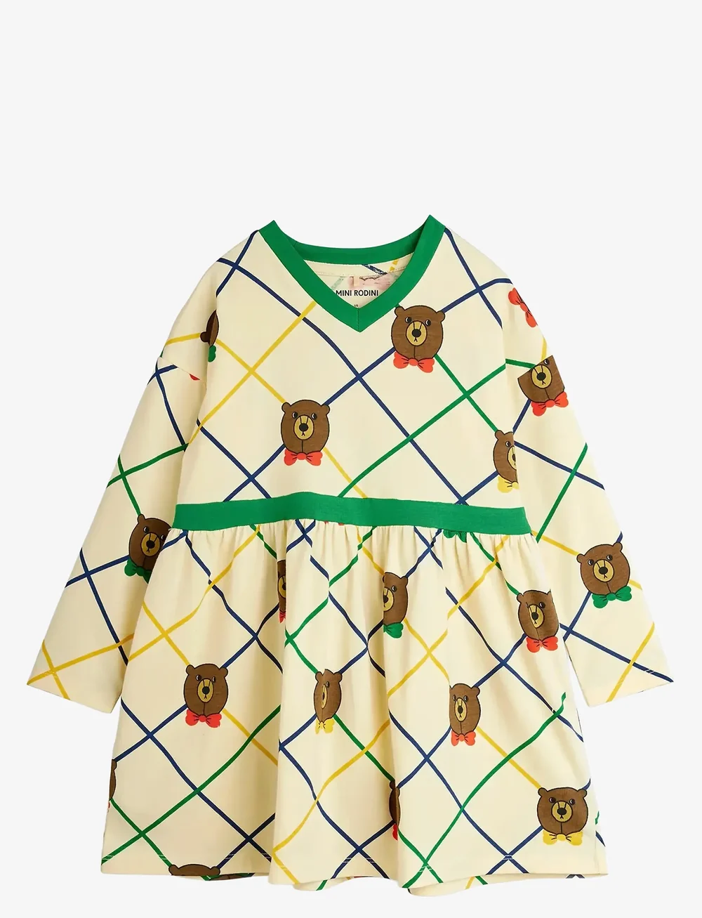 Mini Rodini - Bear check aop ls dress - sukienki dla dziewczynek z długim rękawem - offwhite - 0