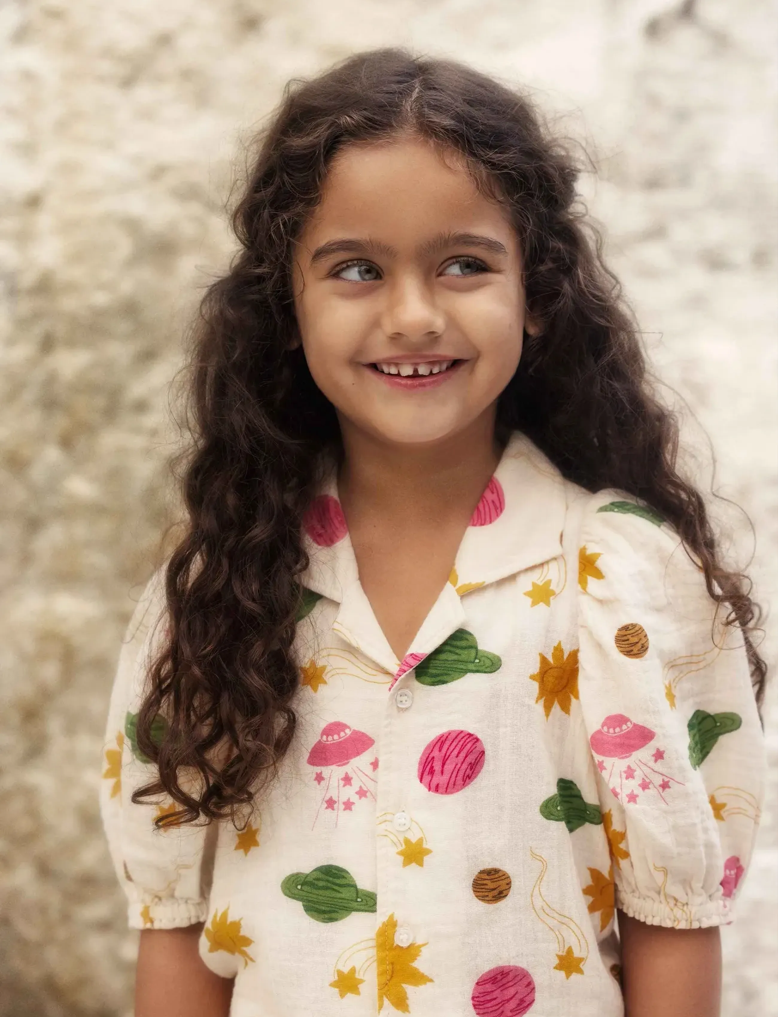 Mini Rodini - Space aop muslin ss blouse - puserot & tunikat - off-white - 3