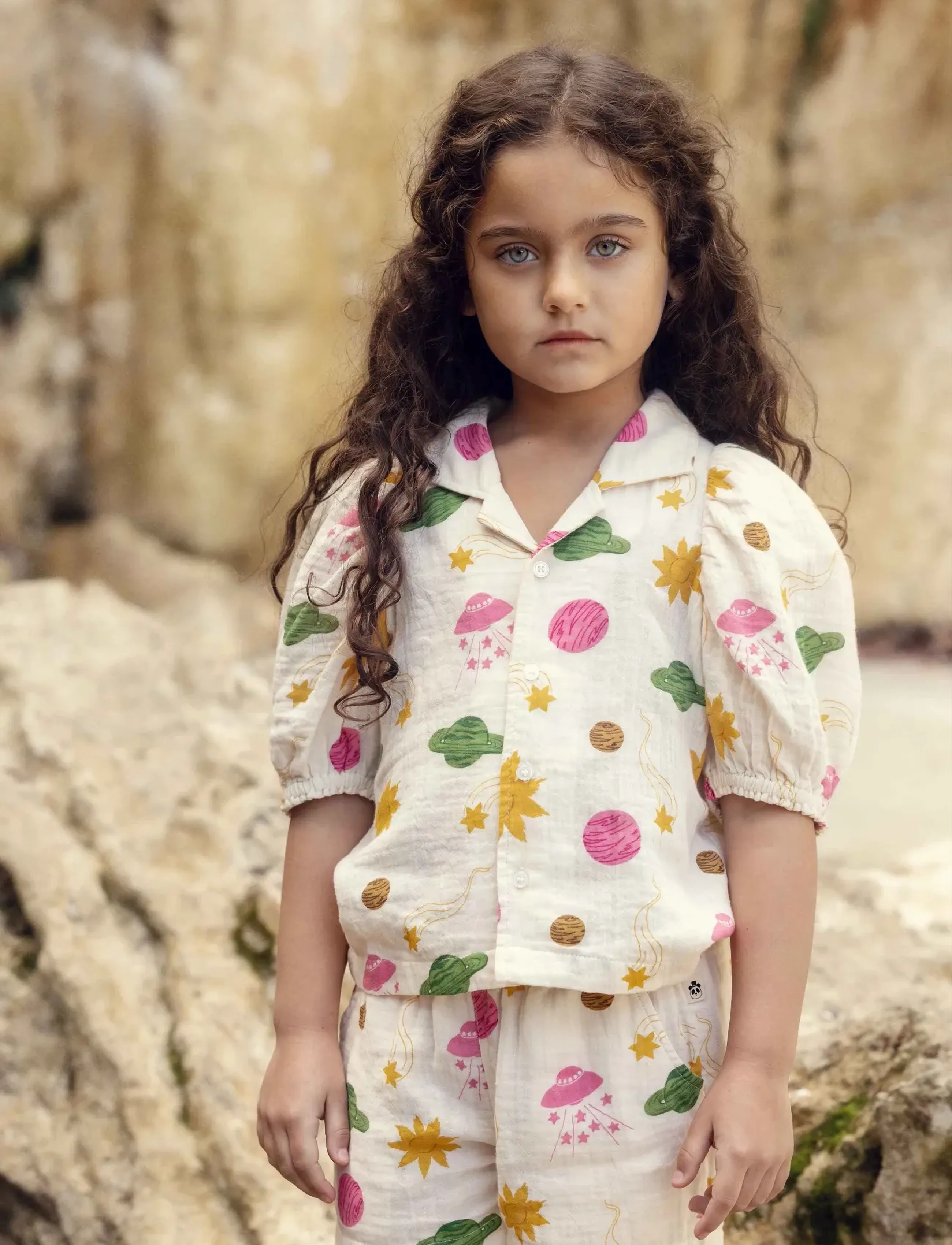 Mini Rodini Space Aop Muslin Shorts, 116/122, Cream, Shorts > Afslappede Shorts, Børn