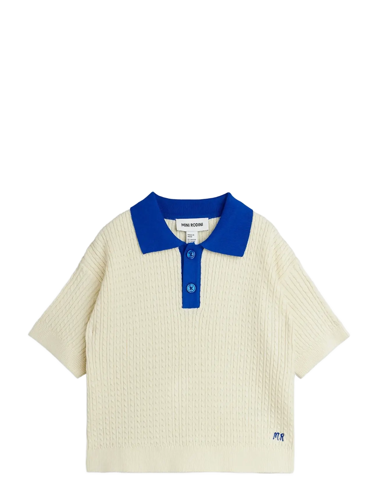 Mini Rodini Cable Knit Polo Shirt, Børn, Kabelstrikket Poloshirt, Cream, Str: 116/122