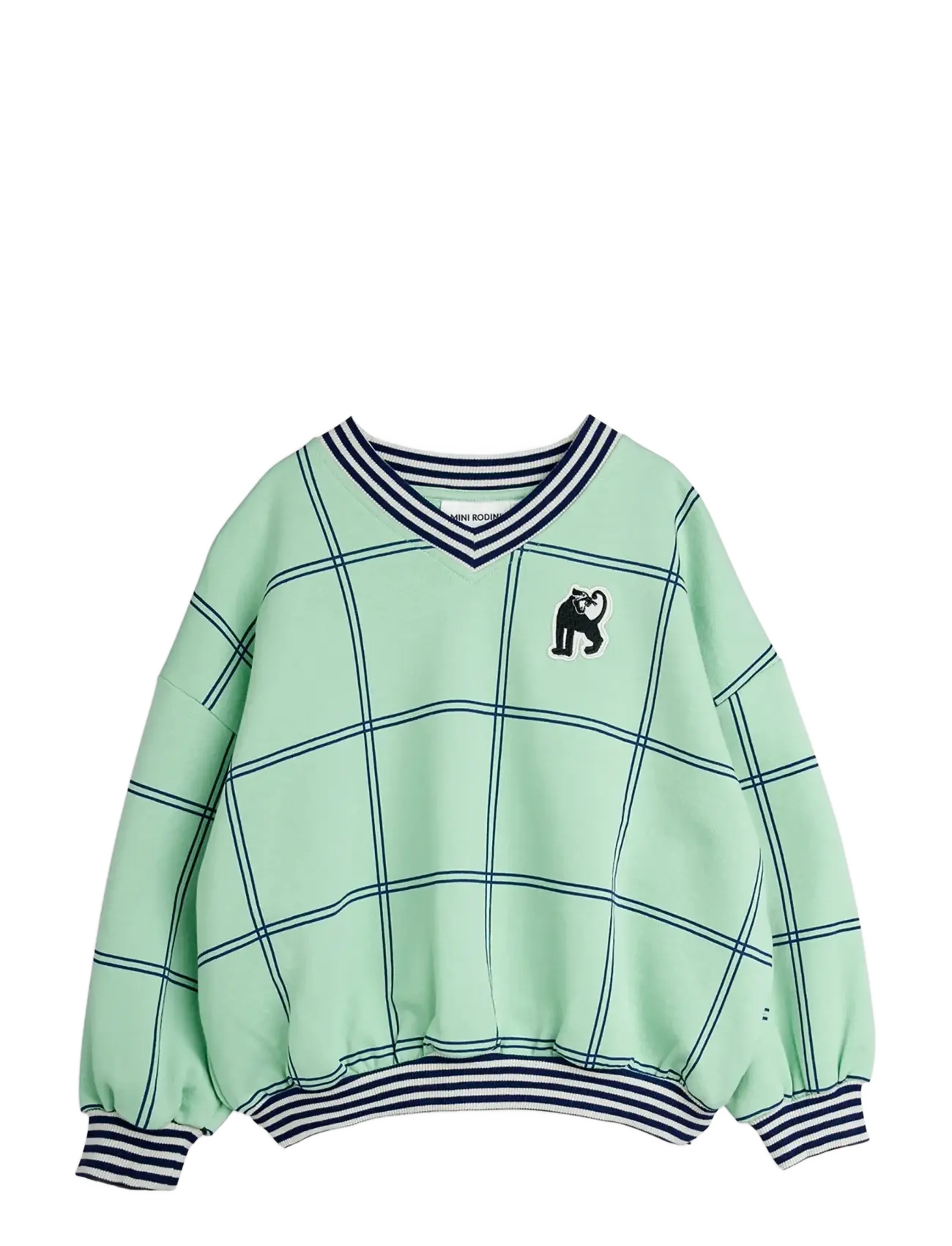 Mini Rodini Check Aop Panther Patch Sweatshirt, Børn, V-Hals Tern Panter Patch Sweatshirt, Grøn, Str: 80/86
