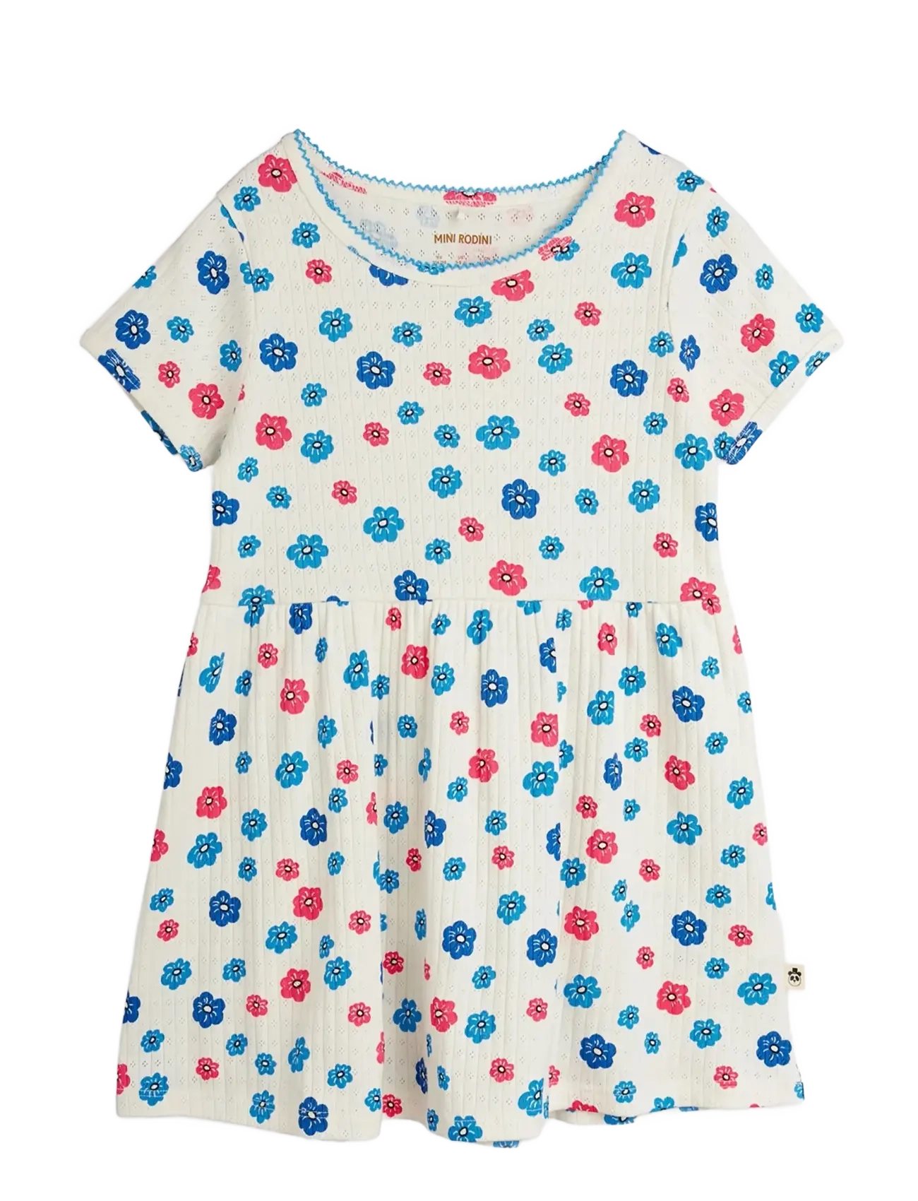Mini Rodini Flowers Aop Picot Edge Pointelle Ss Dress, Børn, Blomstret Pointelle Kortærmet Kjole, Multi/mønstret, Str: 80/86