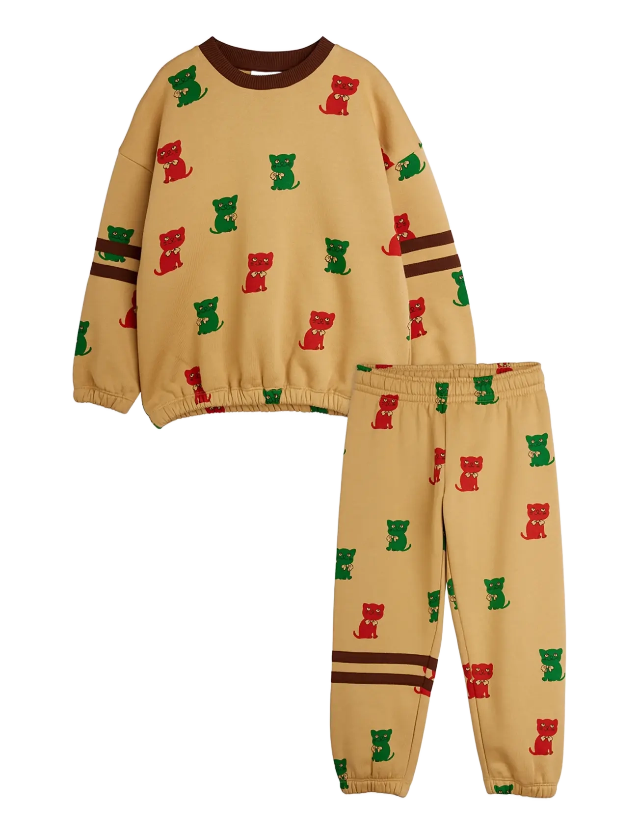 Mini Rodini Kittens Aop Stripes Sweat Set, 128/134, Sets, Beige - Tracksuits, Kinder