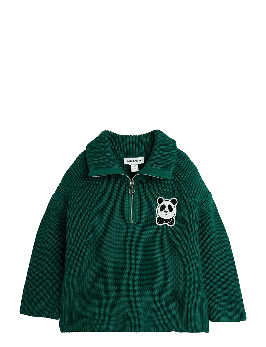 Mini Rodini - Panda patch chunky knit half zip sweater - džemprid - green - 0